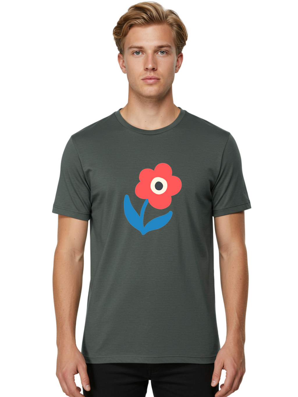 Flower-With-Eye Men'S Graphic Tee, 100% Cotton, Comfortable Casual Summer Wear, Machine Washable, Red Flower, Blue Leaves, White And Black Center, Simple Illustration, Minimalist Design, Childrens Art, Cartoon Flower, Playful Graphics Aab741