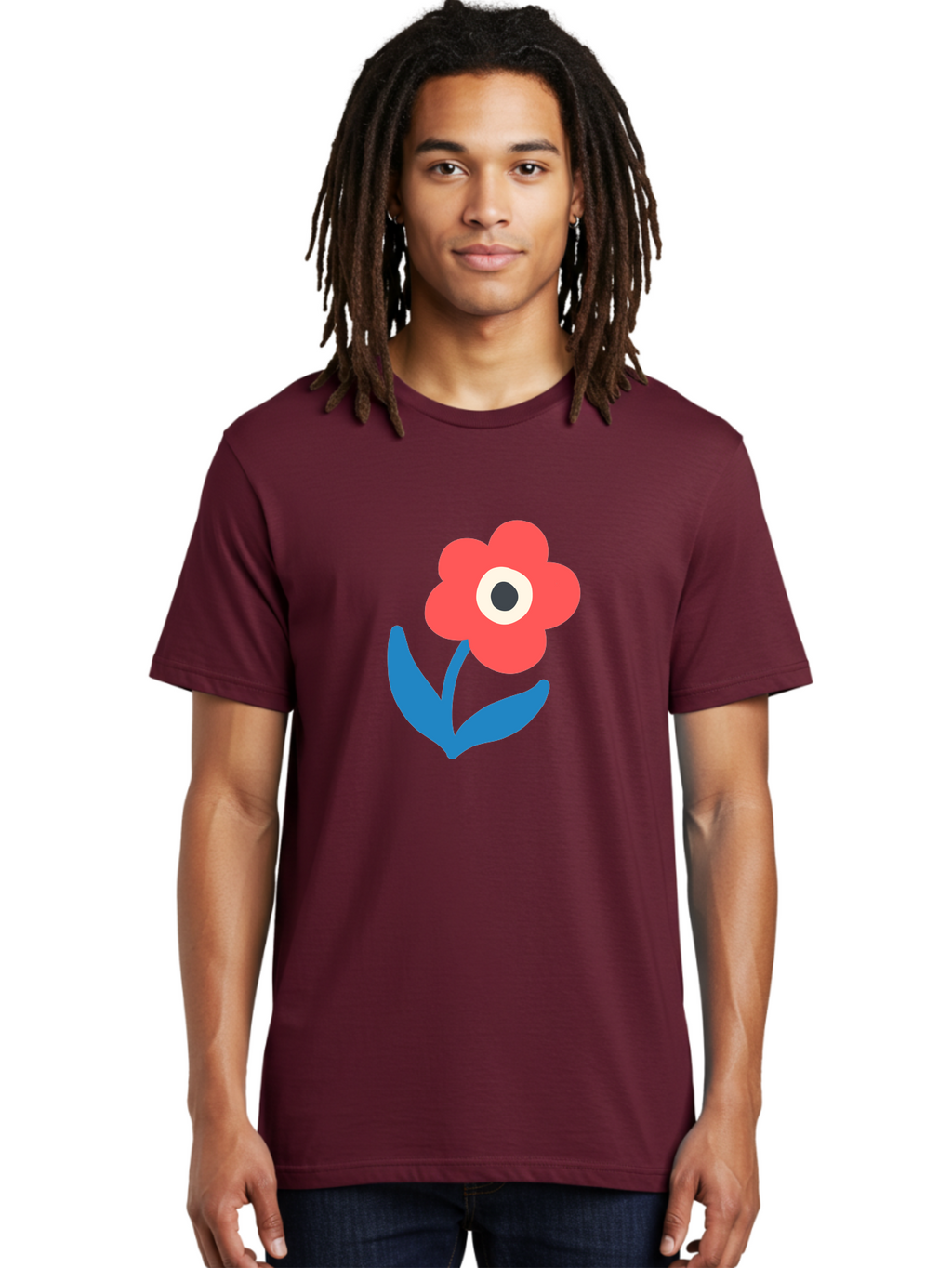 Flower-With-Eye Men'S Graphic Tee, 100% Cotton, Comfortable Casual Summer Wear, Machine Washable, Red Flower, Blue Leaves, White And Black Center, Simple Illustration, Minimalist Design, Childrens Art, Cartoon Flower, Playful Graphics Aab741