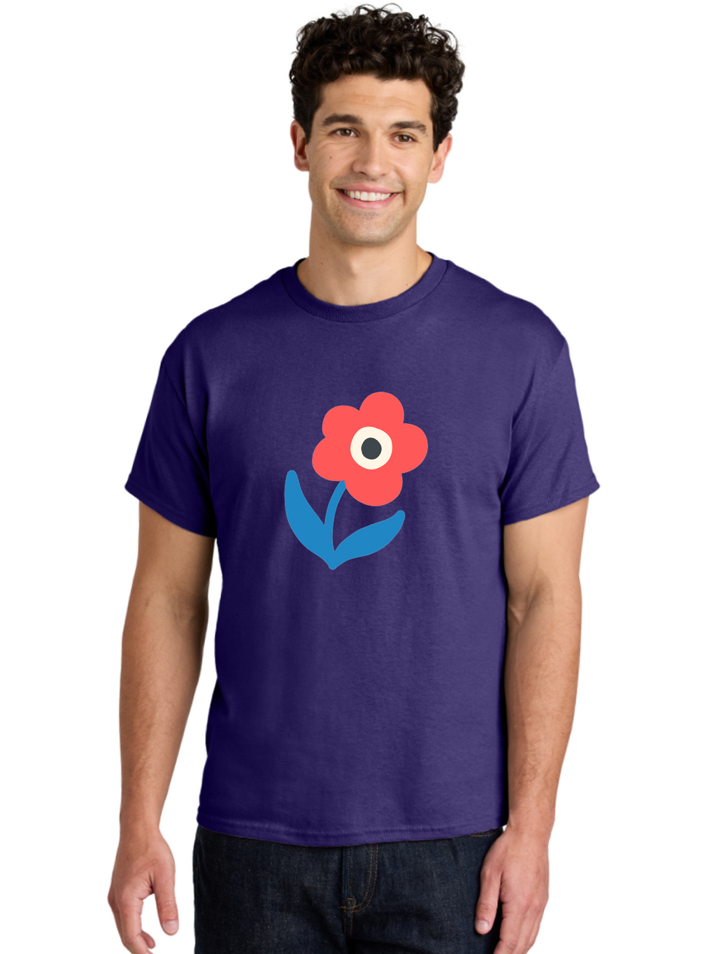Flower-With-Eye Men'S Graphic Tee, 100% Cotton, Comfortable Casual Summer Wear, Machine Washable, Red Flower, Blue Leaves, White And Black Center, Simple Illustration, Minimalist Design, Childrens Art, Cartoon Flower, Playful Graphics Aab741
