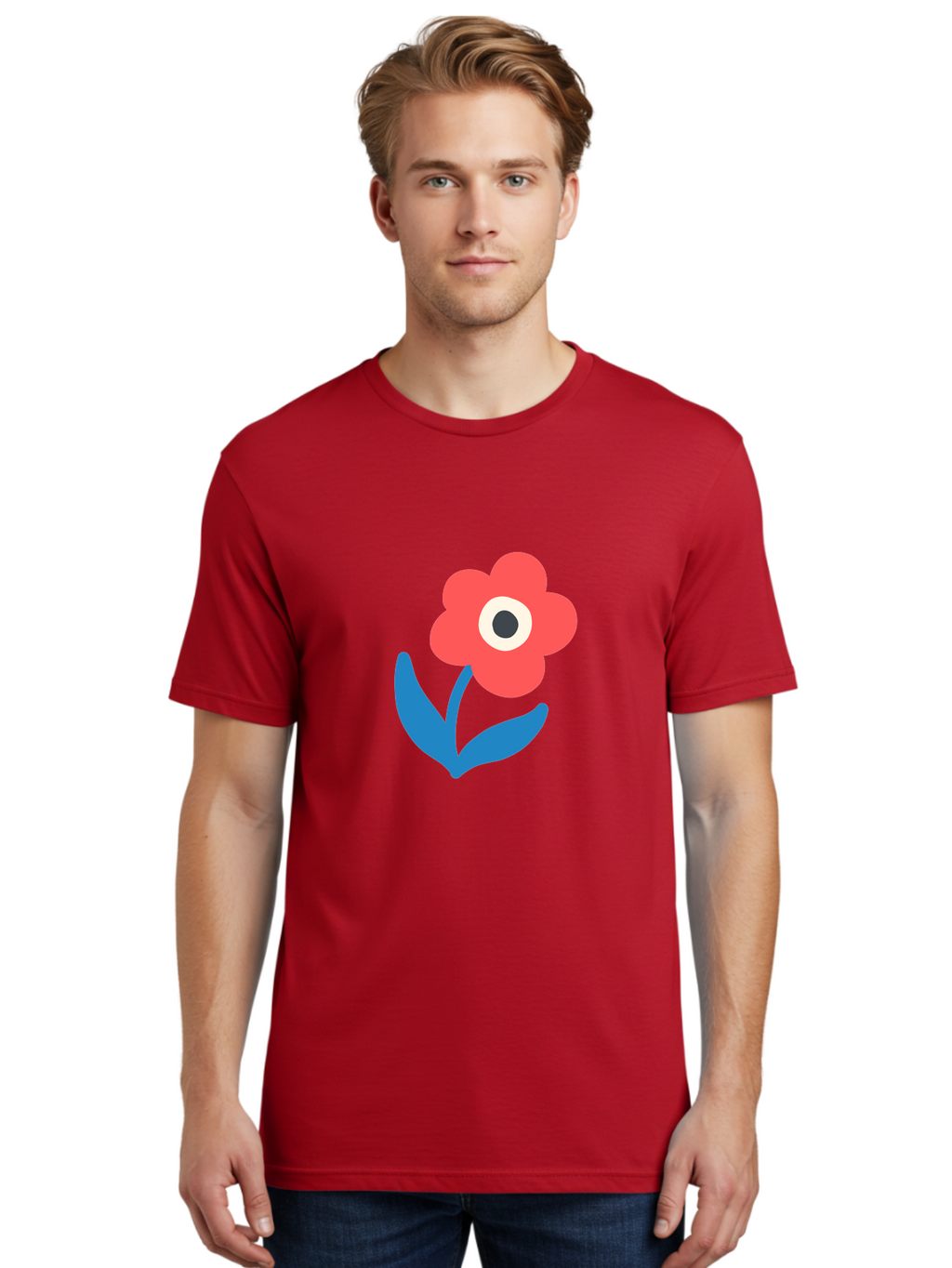 Flower-With-Eye Men'S Graphic Tee, 100% Cotton, Comfortable Casual Summer Wear, Machine Washable, Red Flower, Blue Leaves, White And Black Center, Simple Illustration, Minimalist Design, Childrens Art, Cartoon Flower, Playful Graphics Aab741