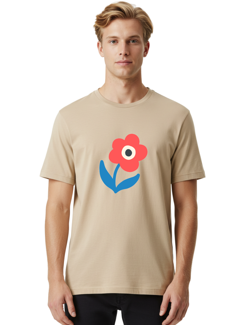 Flower-With-Eye Men'S Graphic Tee, 100% Cotton, Comfortable Casual Summer Wear, Machine Washable, Red Flower, Blue Leaves, White And Black Center, Simple Illustration, Minimalist Design, Childrens Art, Cartoon Flower, Playful Graphics Aab741