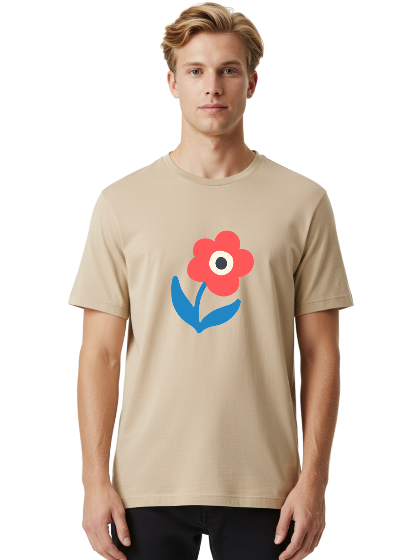 Flower-With-Eye Men'S Graphic Tee, 100% Cotton, Comfortable Casual Summer Wear, Machine Washable, Red Flower, Blue Leaves, White And Black Center, Simple Illustration, Minimalist Design, Childrens Art, Cartoon Flower, Playful Graphics Aab741