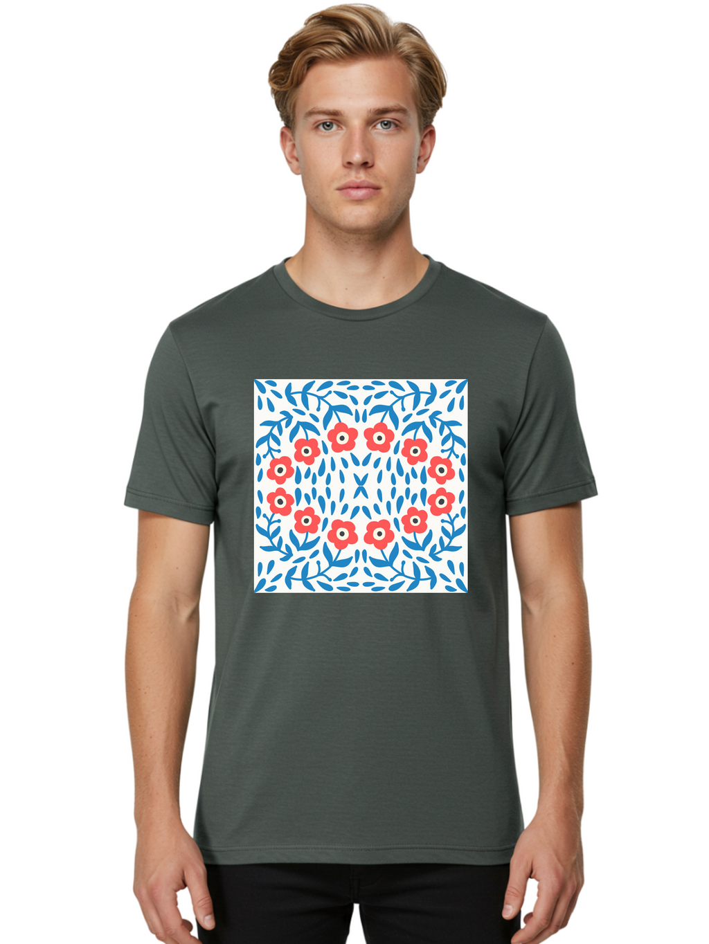 Flowers-Pattern Men'S Graphic Tee, 100% Cotton, Comfortable Casual Summer Wear, Machine Washable, Floral Pattern, Red Flowers, Blue Leaves, White Background, Folk Art, Traditional Design, Floral Arrangement, Vibrant Colors, Aab743