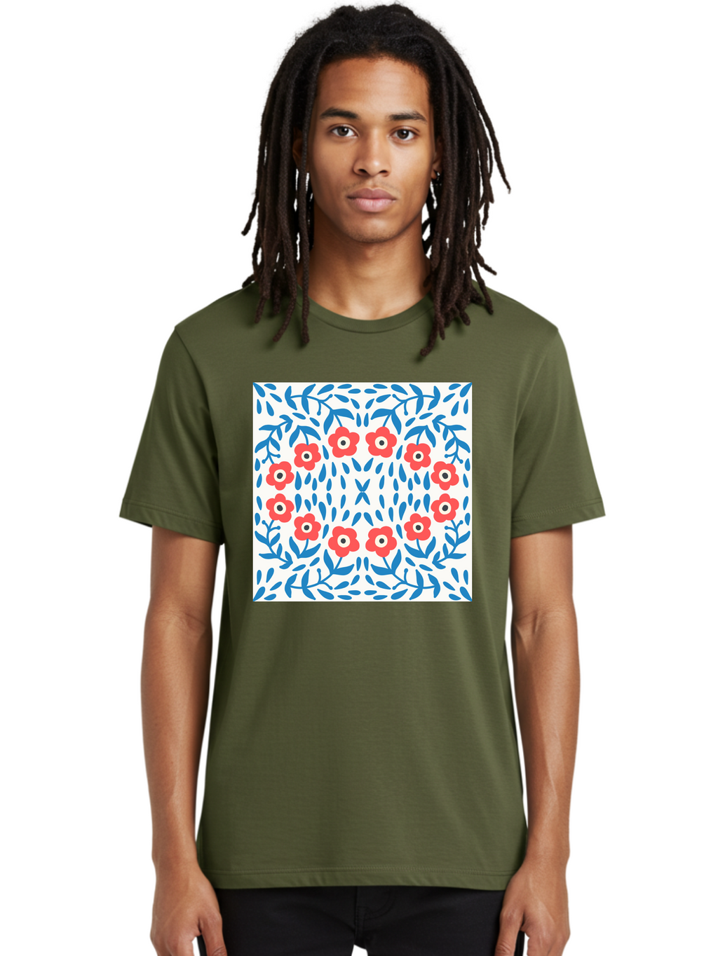 Flowers-Pattern Men'S Graphic Tee, 100% Cotton, Comfortable Casual Summer Wear, Machine Washable, Floral Pattern, Red Flowers, Blue Leaves, White Background, Folk Art, Traditional Design, Floral Arrangement, Vibrant Colors, Aab743