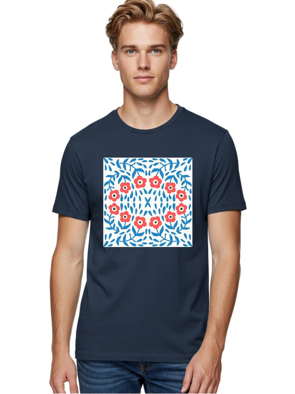Flowers-Pattern Men'S Graphic Tee, 100% Cotton, Comfortable Casual Summer Wear, Machine Washable, Floral Pattern, Red Flowers, Blue Leaves, White Background, Folk Art, Traditional Design, Floral Arrangement, Vibrant Colors, Aab743