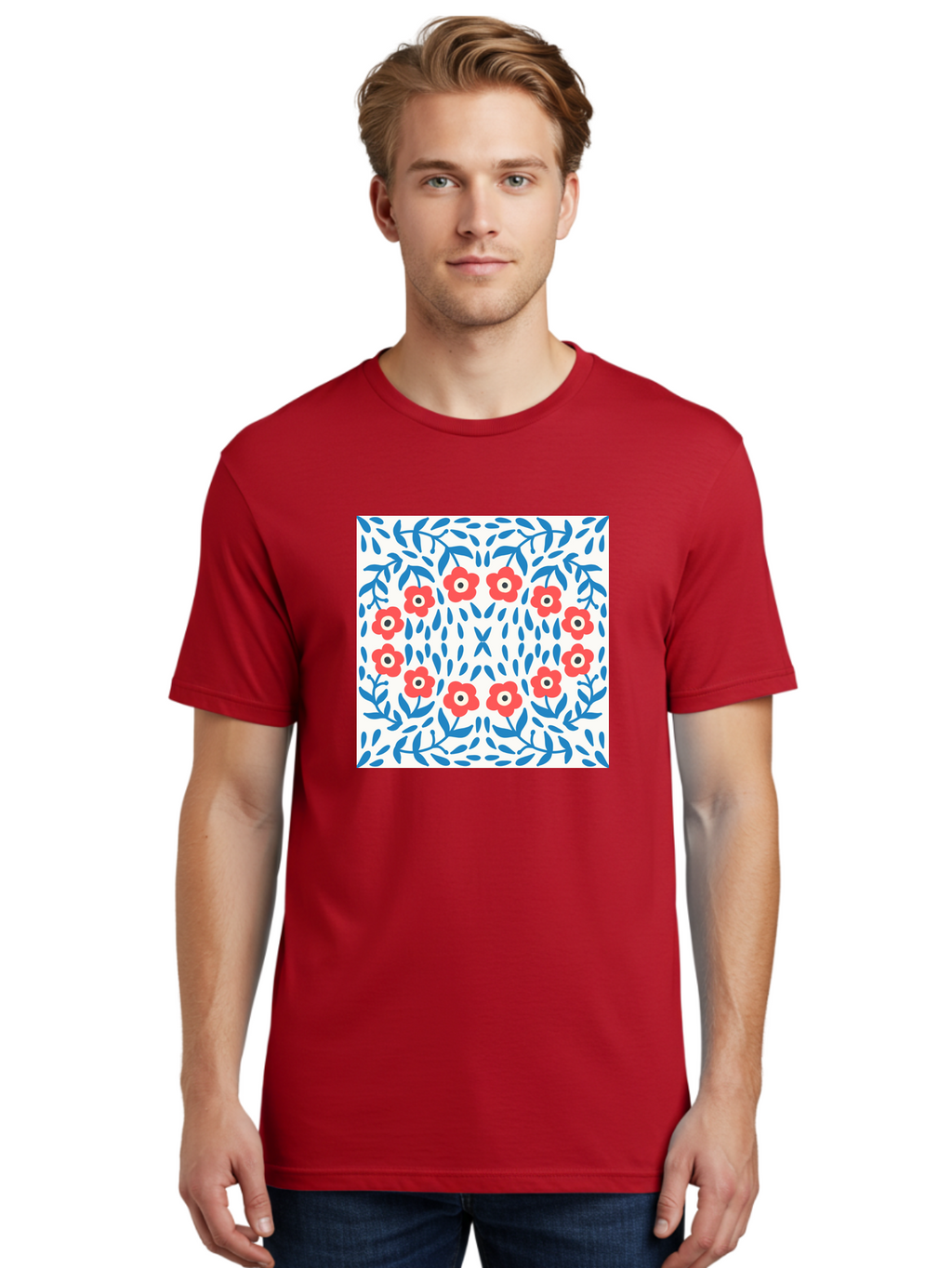 Flowers-Pattern Men'S Graphic Tee, 100% Cotton, Comfortable Casual Summer Wear, Machine Washable, Floral Pattern, Red Flowers, Blue Leaves, White Background, Folk Art, Traditional Design, Floral Arrangement, Vibrant Colors, Aab743