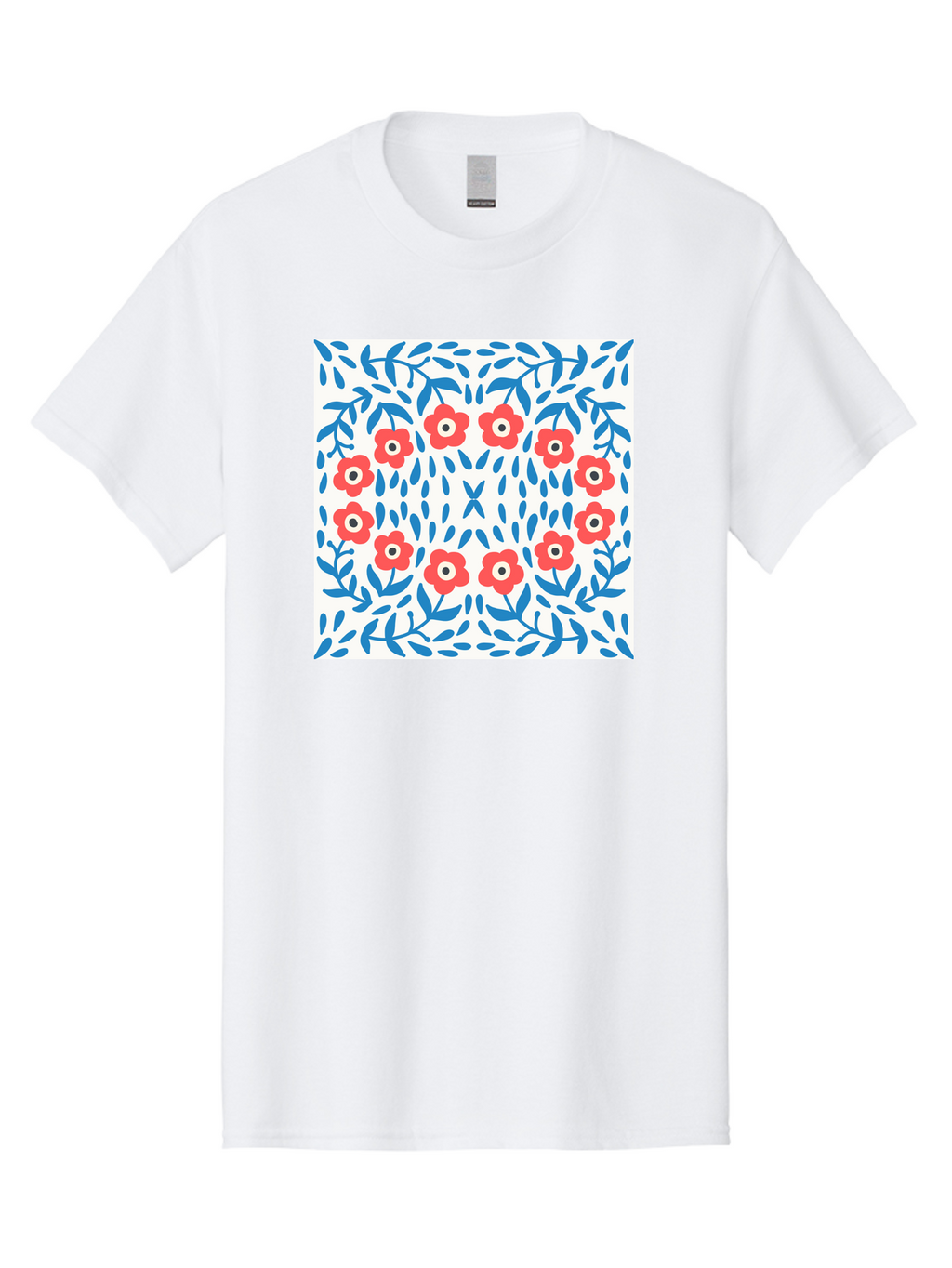 Flowers-Pattern Men'S Graphic Tee, 100% Cotton, Comfortable Casual Summer Wear, Machine Washable, Floral Pattern, Red Flowers, Blue Leaves, White Background, Folk Art, Traditional Design, Floral Arrangement, Vibrant Colors, Aab743