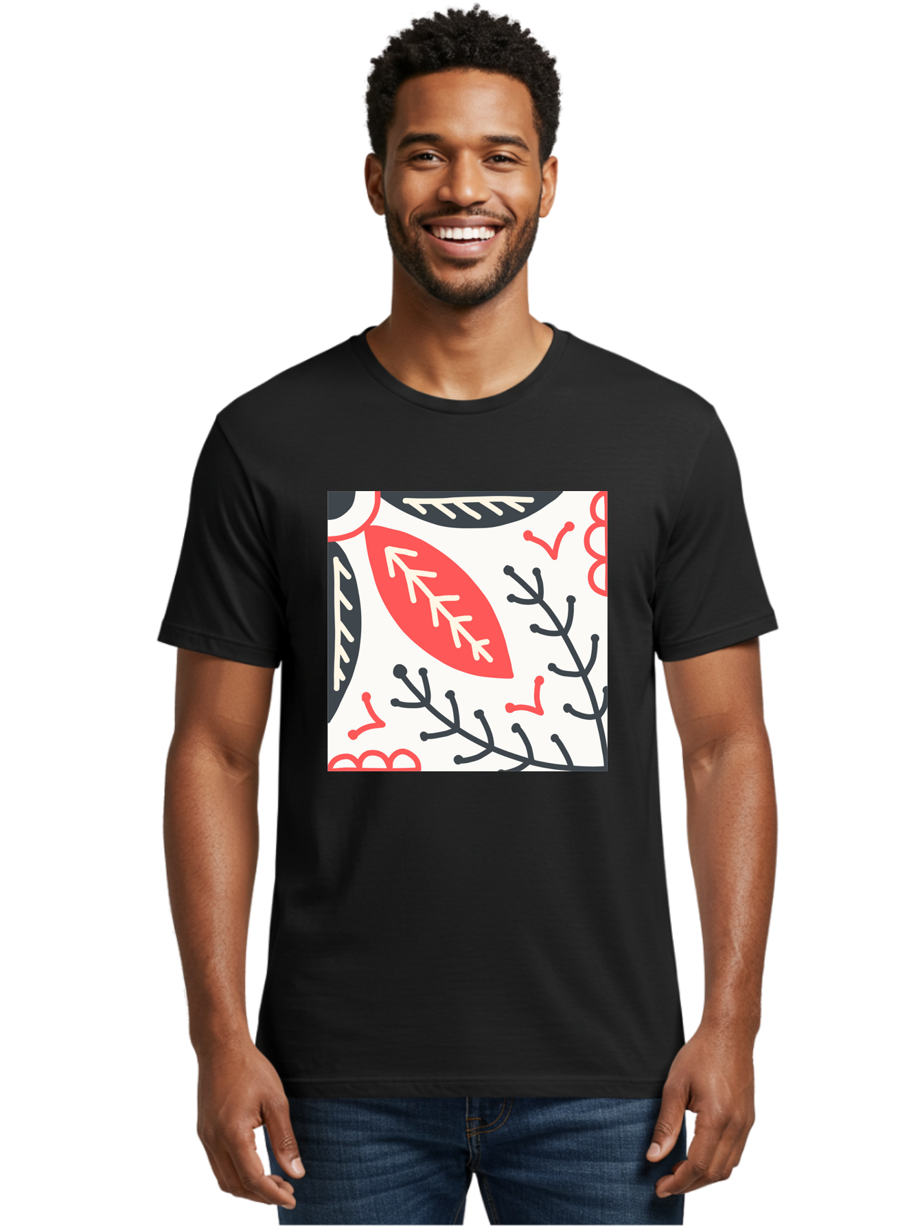 Foliage-Pattern Men'S Graphic Tee, 100% Cotton, Comfortable Casual Summer Wear, Machine Washable, Leaf Pattern, Floral Design, Botanical Art, Red And Black Leaves, Minimalist Style, Abstract Foliage, Decorative Elements, Modern Illustration Aab744