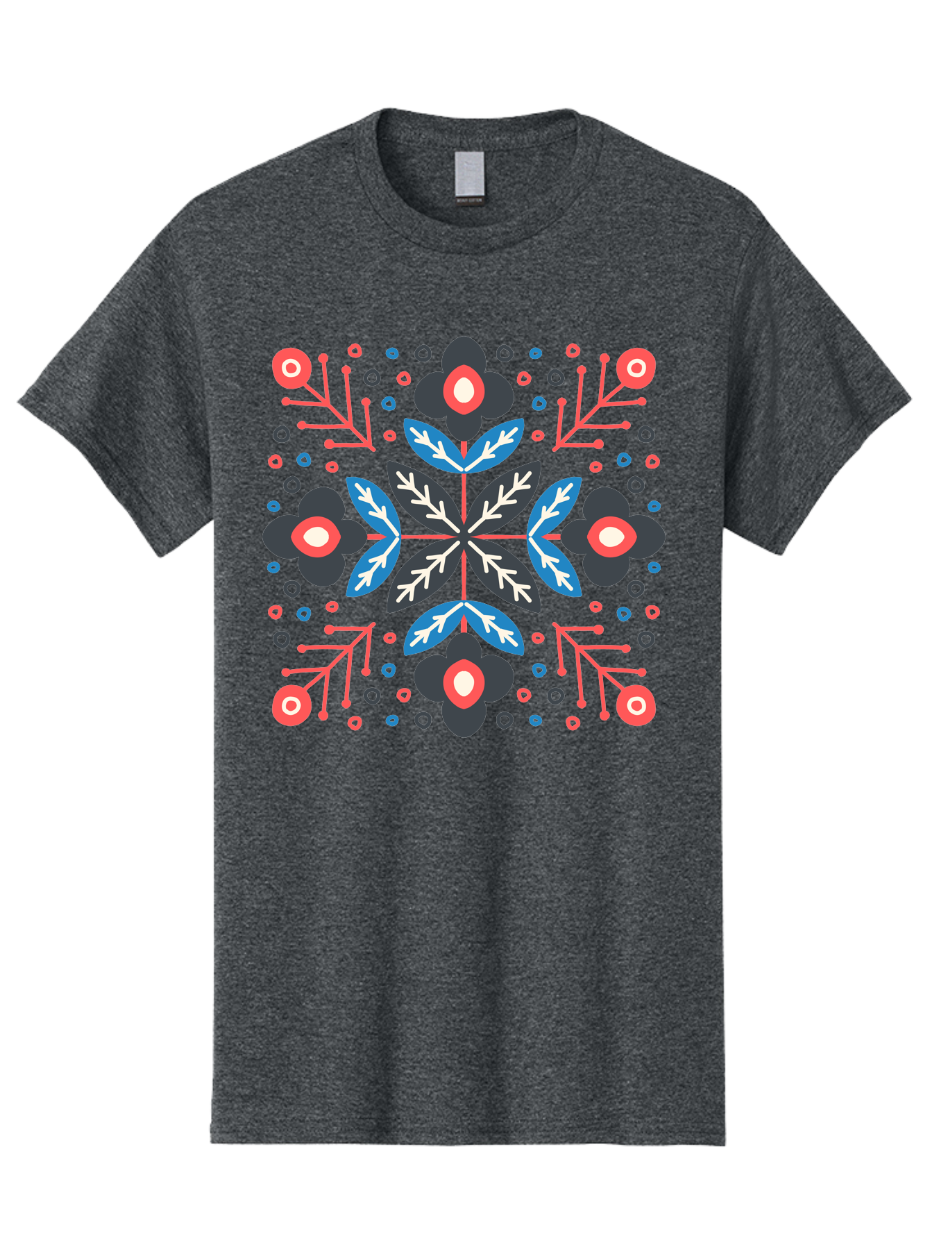Folk-Floral-Pattern Men'S Graphic Tee, 100% Cotton, Comfortable Casual Summer Wear, Machine Washable, Floral Pattern, Geometric Shapes, Symmetrical Design, Bold Colors, Abstract Flowers, Decorative Art, Vibrant Hues, Modern Motif, Aab745