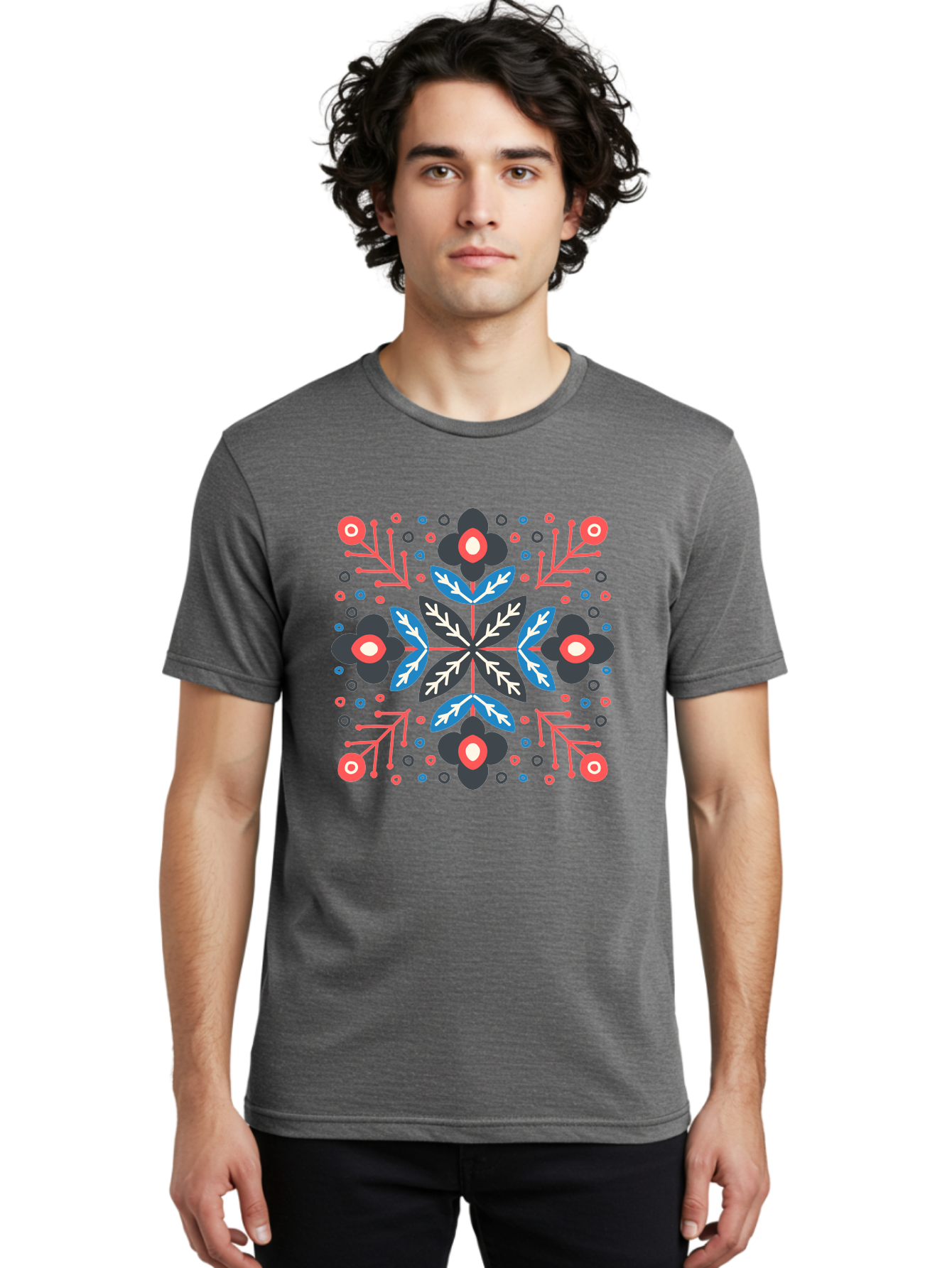 Folk-Floral-Pattern Men'S Graphic Tee, 100% Cotton, Comfortable Casual Summer Wear, Machine Washable, Floral Pattern, Geometric Shapes, Symmetrical Design, Bold Colors, Abstract Flowers, Decorative Art, Vibrant Hues, Modern Motif, Aab745
