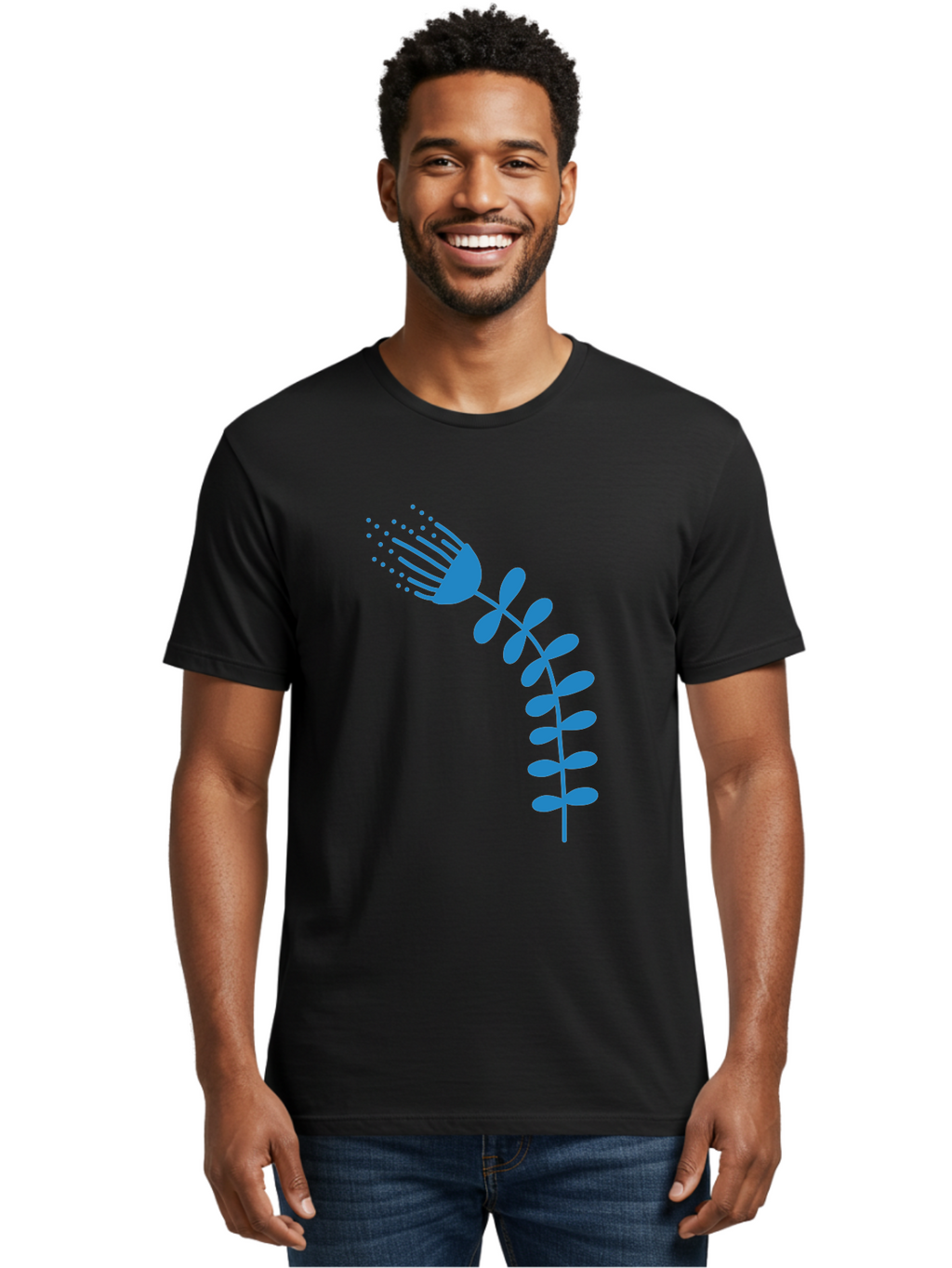 Fork-Plant Men'S Graphic Tee, 100% Cotton, Comfortable Casual Summer Wear, Machine Washable, Stylized Flower, Abstract Art, Minimalist Design, Blue Silhouette, Botanical Illustration, Creative Graphics Aab746