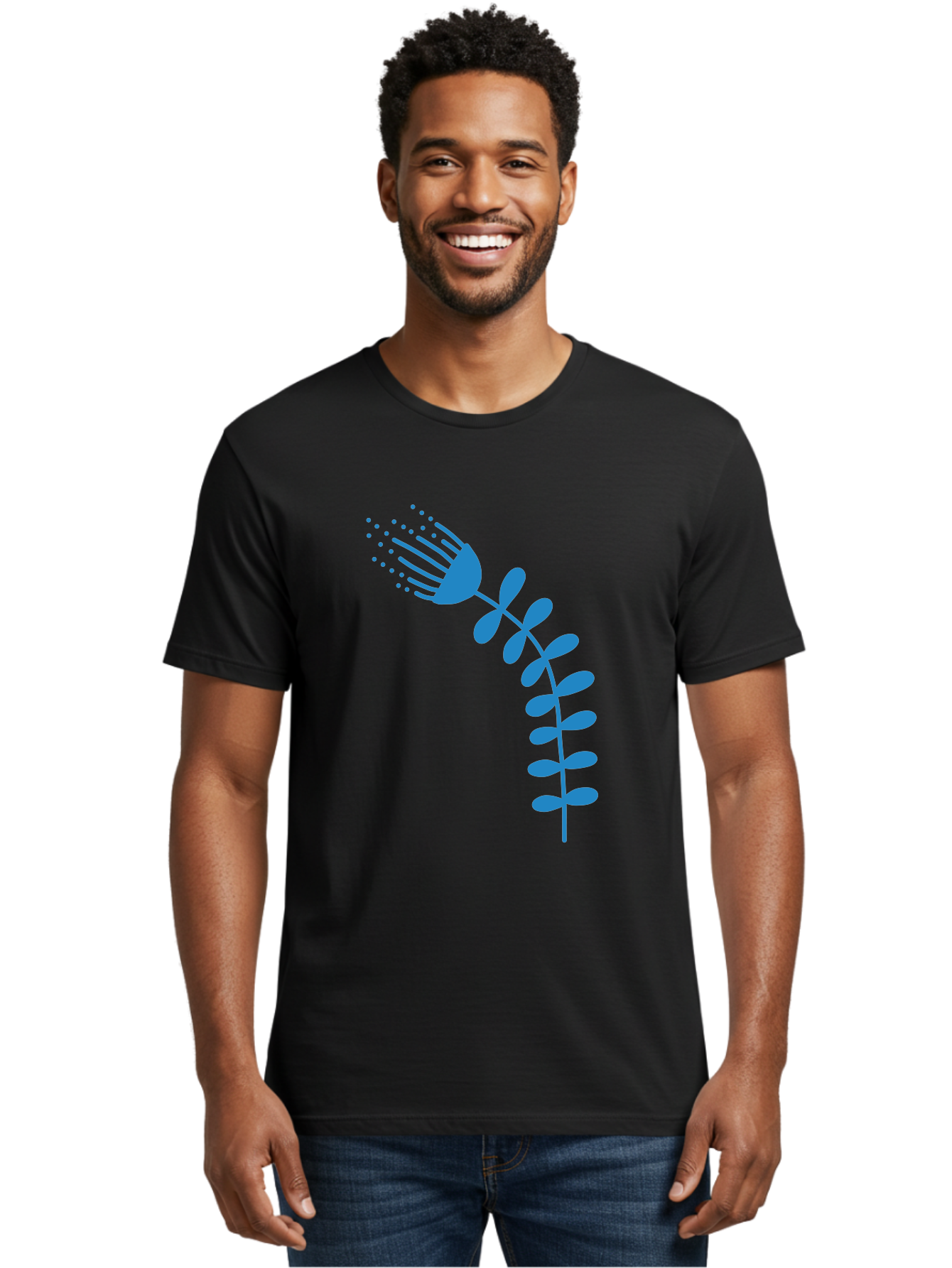 Fork-Plant Men'S Graphic Tee, 100% Cotton, Comfortable Casual Summer Wear, Machine Washable, Stylized Flower, Abstract Art, Minimalist Design, Blue Silhouette, Botanical Illustration, Creative Graphics Aab746