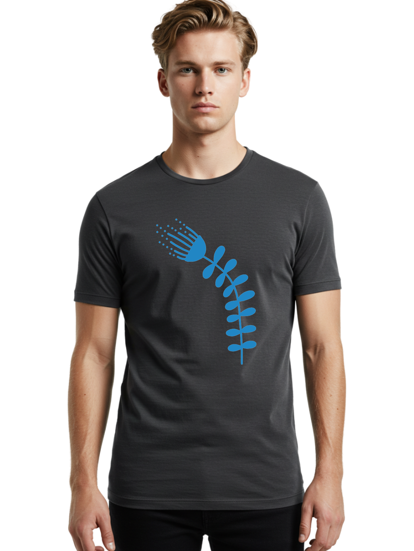 Fork-Plant Men'S Graphic Tee, 100% Cotton, Comfortable Casual Summer Wear, Machine Washable, Stylized Flower, Abstract Art, Minimalist Design, Blue Silhouette, Botanical Illustration, Creative Graphics Aab746