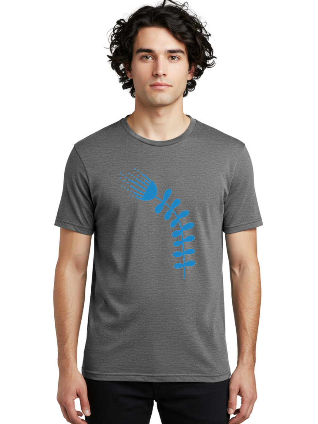 Fork-Plant Men'S Graphic Tee, 100% Cotton, Comfortable Casual Summer Wear, Machine Washable, Stylized Flower, Abstract Art, Minimalist Design, Blue Silhouette, Botanical Illustration, Creative Graphics Aab746
