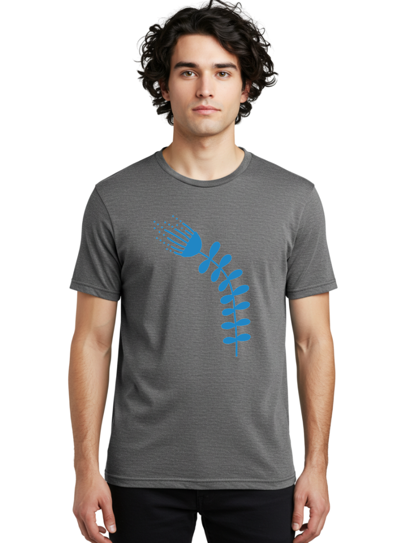 Fork-Plant Men'S Graphic Tee, 100% Cotton, Comfortable Casual Summer Wear, Machine Washable, Stylized Flower, Abstract Art, Minimalist Design, Blue Silhouette, Botanical Illustration, Creative Graphics Aab746