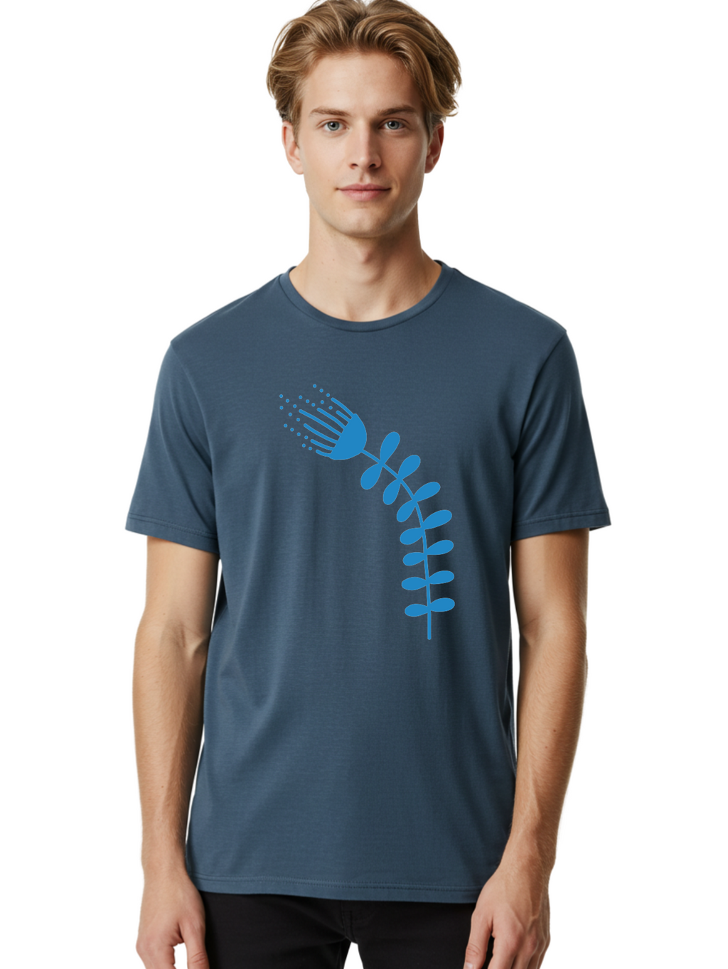 Fork-Plant Men'S Graphic Tee, 100% Cotton, Comfortable Casual Summer Wear, Machine Washable, Stylized Flower, Abstract Art, Minimalist Design, Blue Silhouette, Botanical Illustration, Creative Graphics Aab746