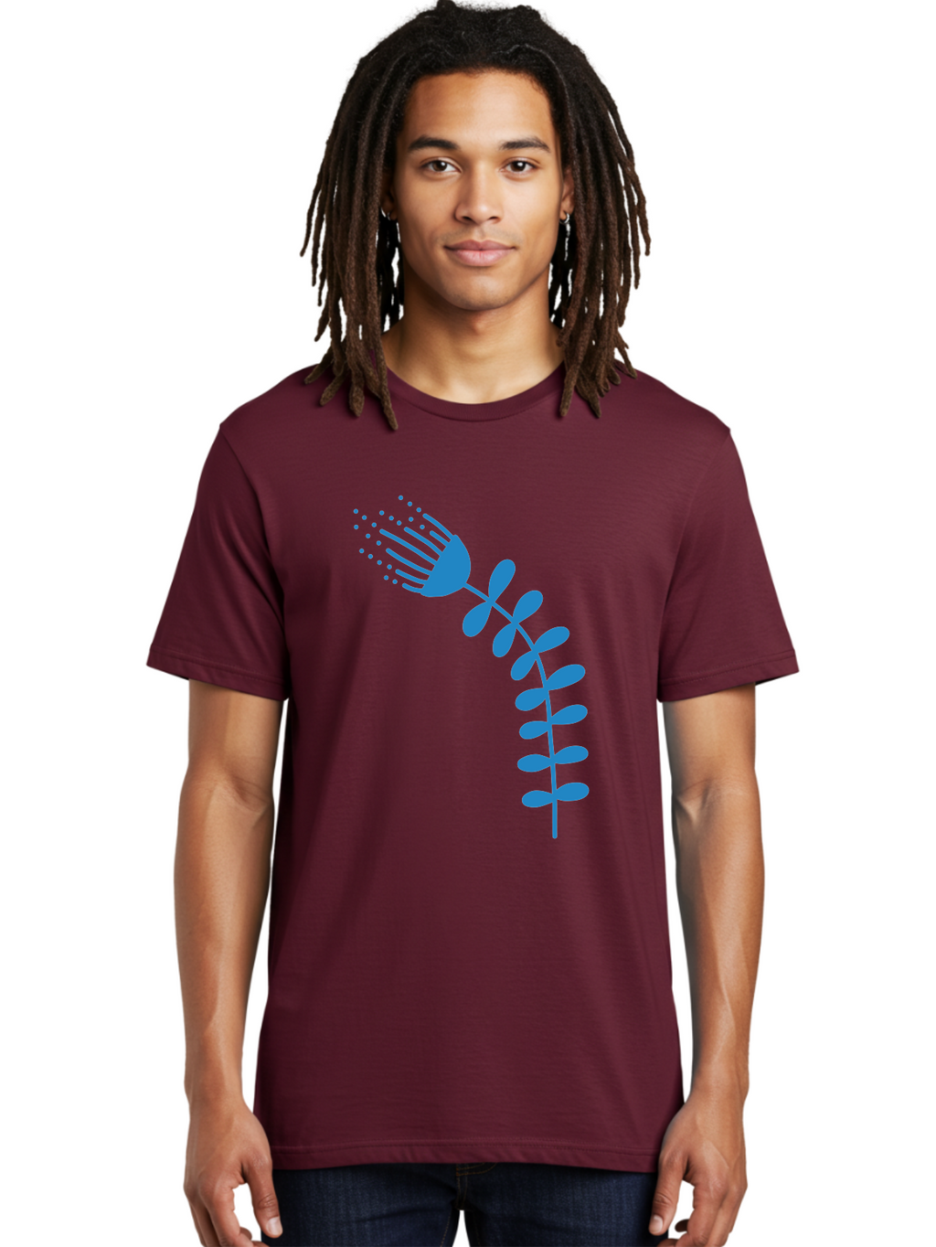 Fork-Plant Men'S Graphic Tee, 100% Cotton, Comfortable Casual Summer Wear, Machine Washable, Stylized Flower, Abstract Art, Minimalist Design, Blue Silhouette, Botanical Illustration, Creative Graphics Aab746