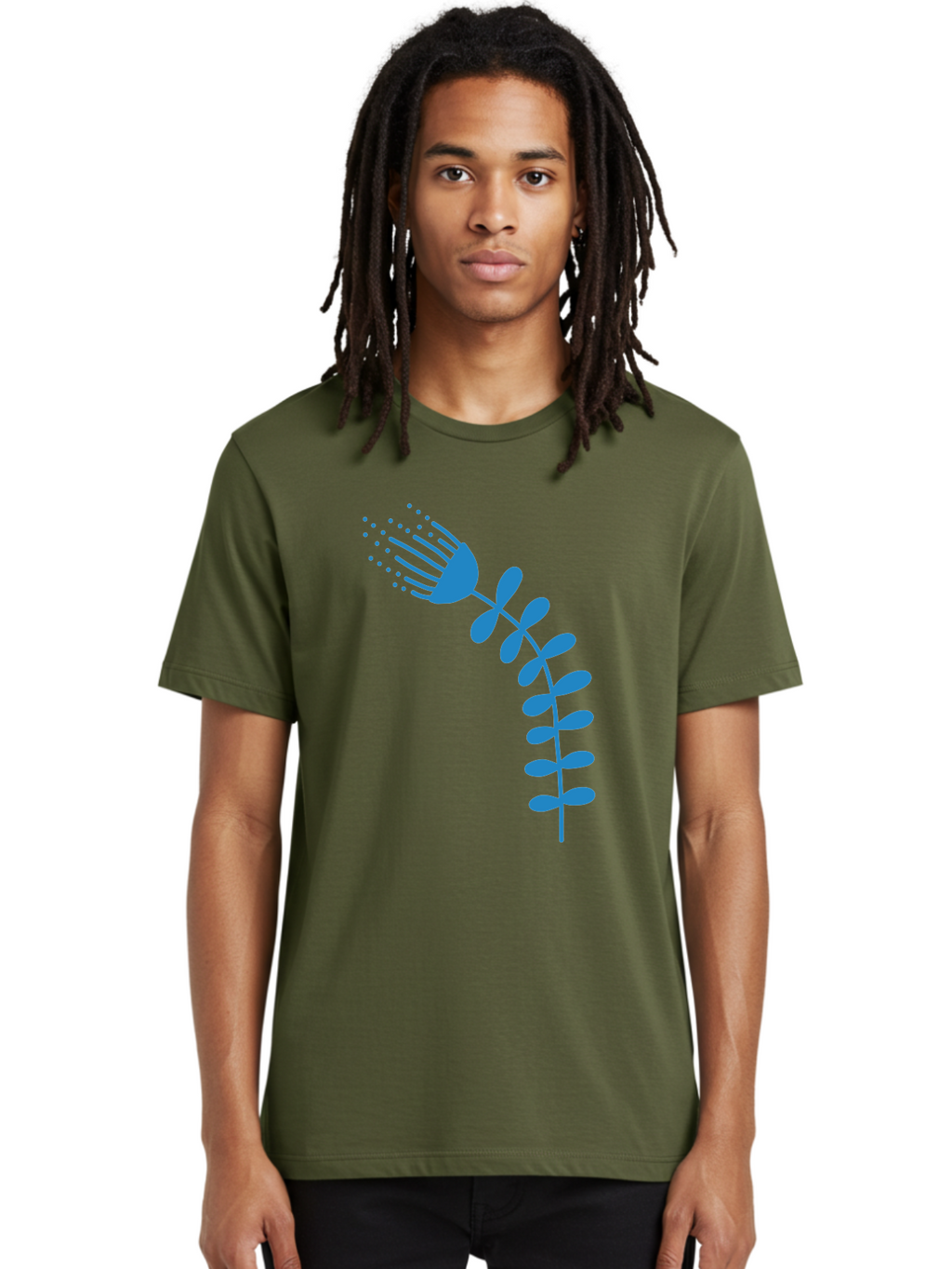 Fork-Plant Men'S Graphic Tee, 100% Cotton, Comfortable Casual Summer Wear, Machine Washable, Stylized Flower, Abstract Art, Minimalist Design, Blue Silhouette, Botanical Illustration, Creative Graphics Aab746