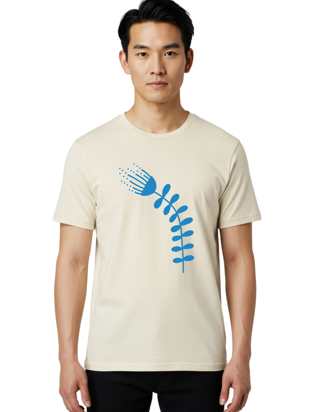 Fork-Plant Men'S Graphic Tee, 100% Cotton, Comfortable Casual Summer Wear, Machine Washable, Stylized Flower, Abstract Art, Minimalist Design, Blue Silhouette, Botanical Illustration, Creative Graphics Aab746