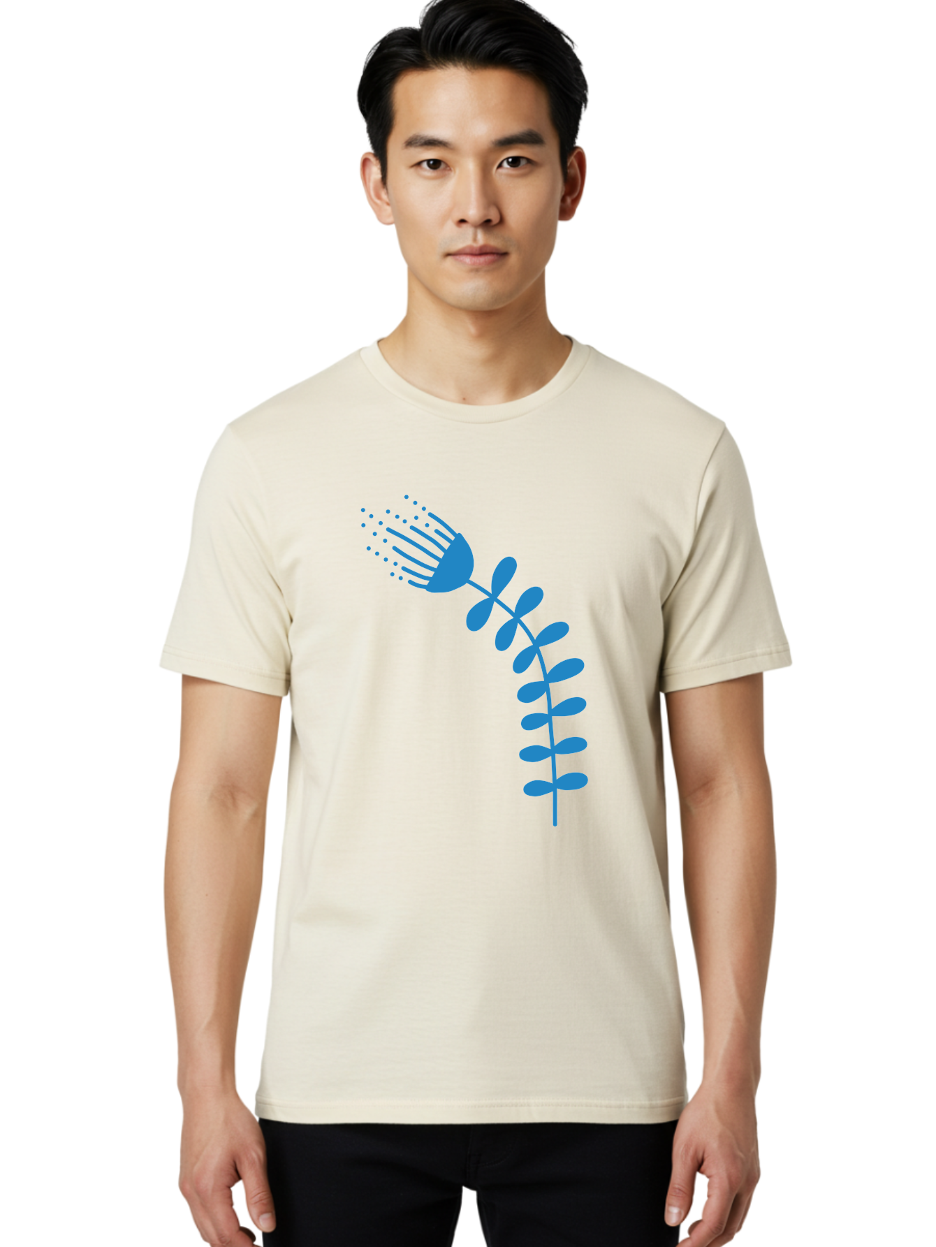 Fork-Plant Men'S Graphic Tee, 100% Cotton, Comfortable Casual Summer Wear, Machine Washable, Stylized Flower, Abstract Art, Minimalist Design, Blue Silhouette, Botanical Illustration, Creative Graphics Aab746