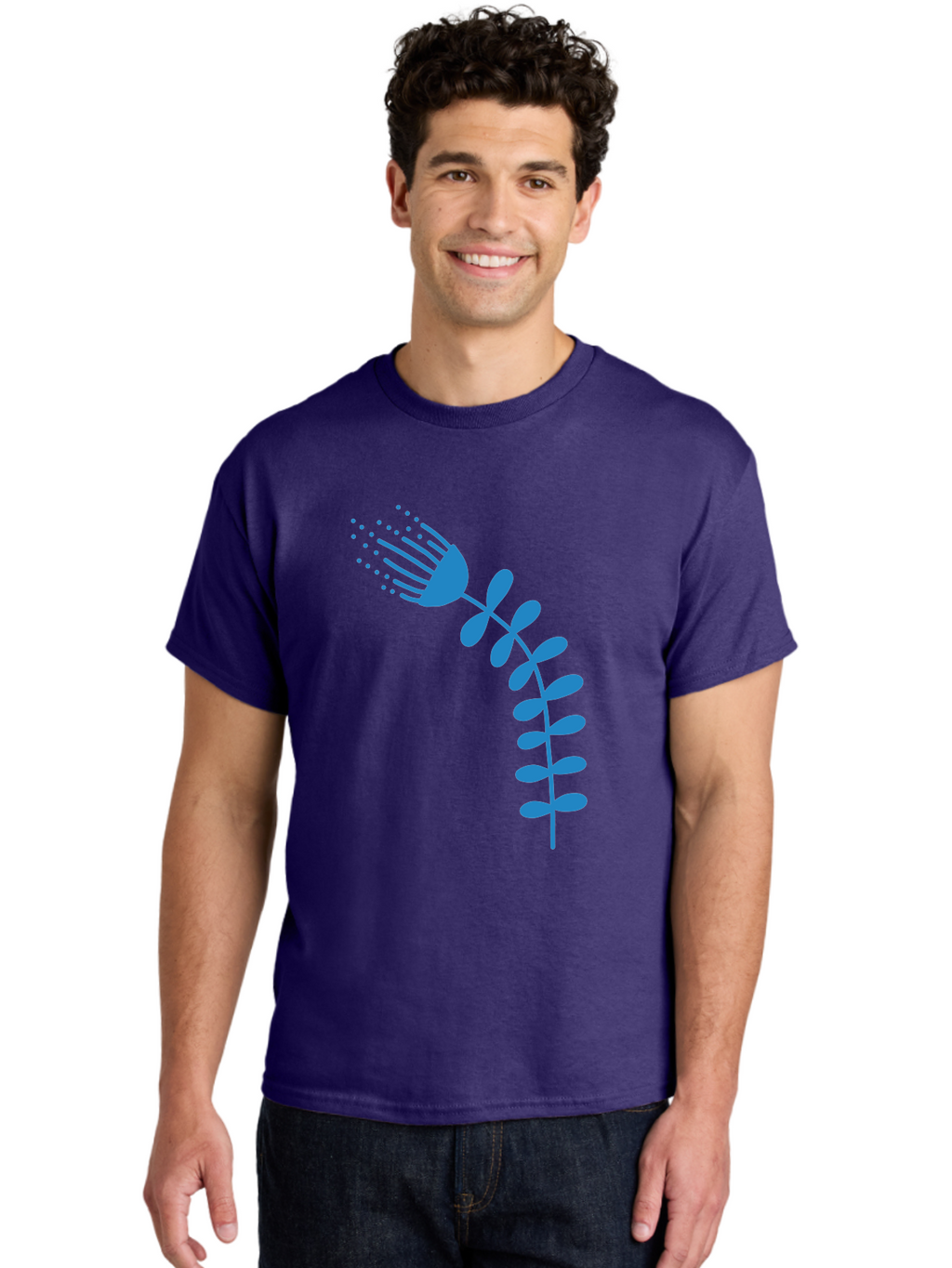 Fork-Plant Men'S Graphic Tee, 100% Cotton, Comfortable Casual Summer Wear, Machine Washable, Stylized Flower, Abstract Art, Minimalist Design, Blue Silhouette, Botanical Illustration, Creative Graphics Aab746