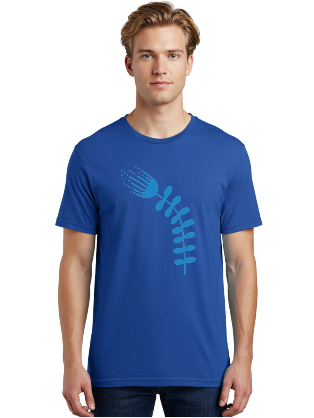 Fork-Plant Men'S Graphic Tee, 100% Cotton, Comfortable Casual Summer Wear, Machine Washable, Stylized Flower, Abstract Art, Minimalist Design, Blue Silhouette, Botanical Illustration, Creative Graphics Aab746