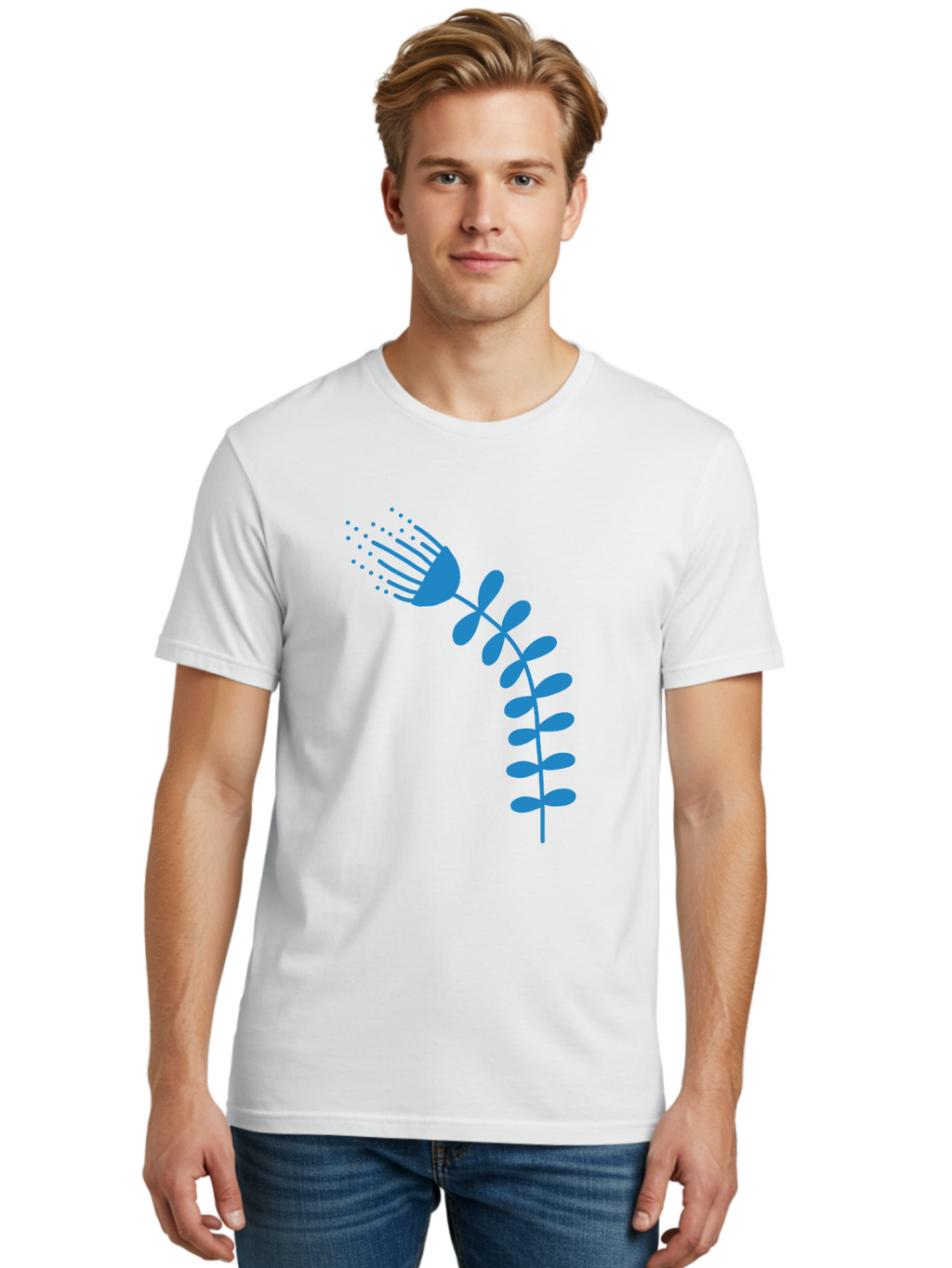 Fork-Plant Men'S Graphic Tee, 100% Cotton, Comfortable Casual Summer Wear, Machine Washable, Stylized Flower, Abstract Art, Minimalist Design, Blue Silhouette, Botanical Illustration, Creative Graphics Aab746