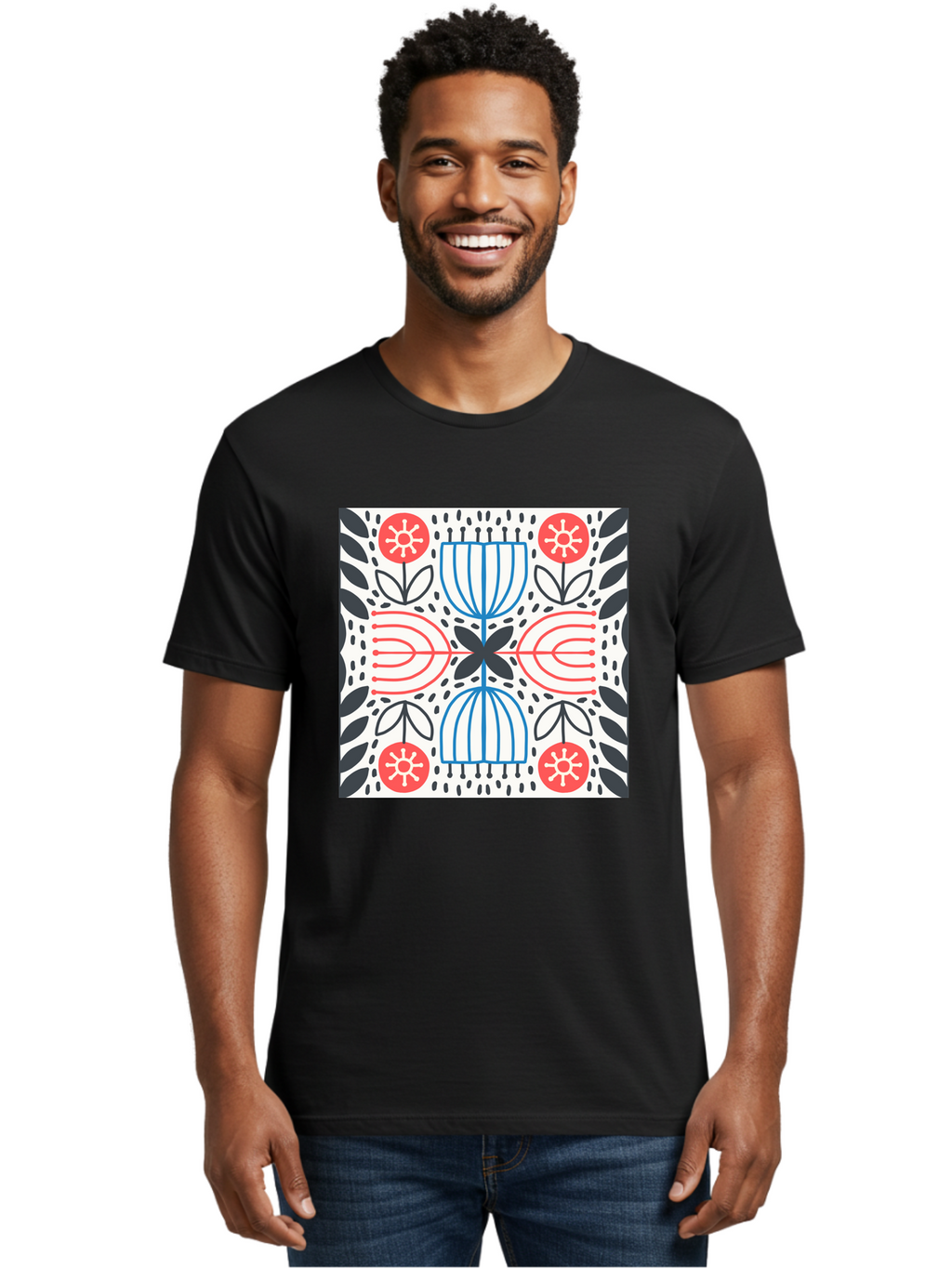 Geometric-Floral-Pattern Men'S Graphic Tee, 100% Cotton, Comfortable Casual Summer Wear, Machine Washable, Symmetrical Pattern, Floral Art, Abstract Design, Red And Blue Flowers, Black Leaves, Creative Symmetry, Geometric Shapes, Aab747
