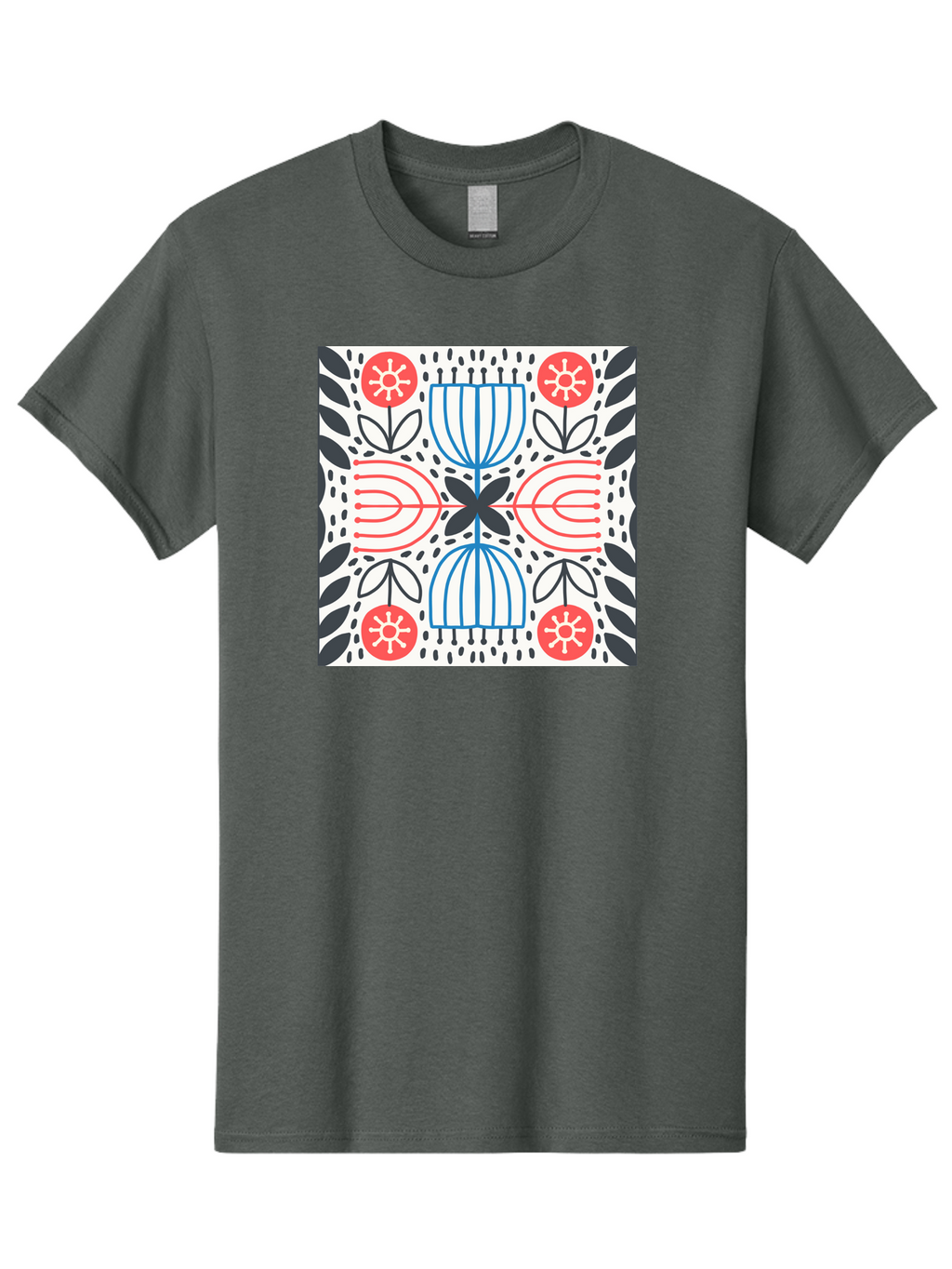 Geometric-Floral-Pattern Men'S Graphic Tee, 100% Cotton, Comfortable Casual Summer Wear, Machine Washable, Symmetrical Pattern, Floral Art, Abstract Design, Red And Blue Flowers, Black Leaves, Creative Symmetry, Geometric Shapes, Aab747