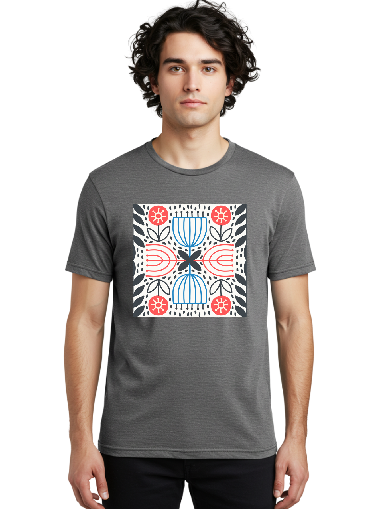 Geometric-Floral-Pattern Men'S Graphic Tee, 100% Cotton, Comfortable Casual Summer Wear, Machine Washable, Symmetrical Pattern, Floral Art, Abstract Design, Red And Blue Flowers, Black Leaves, Creative Symmetry, Geometric Shapes, Aab747