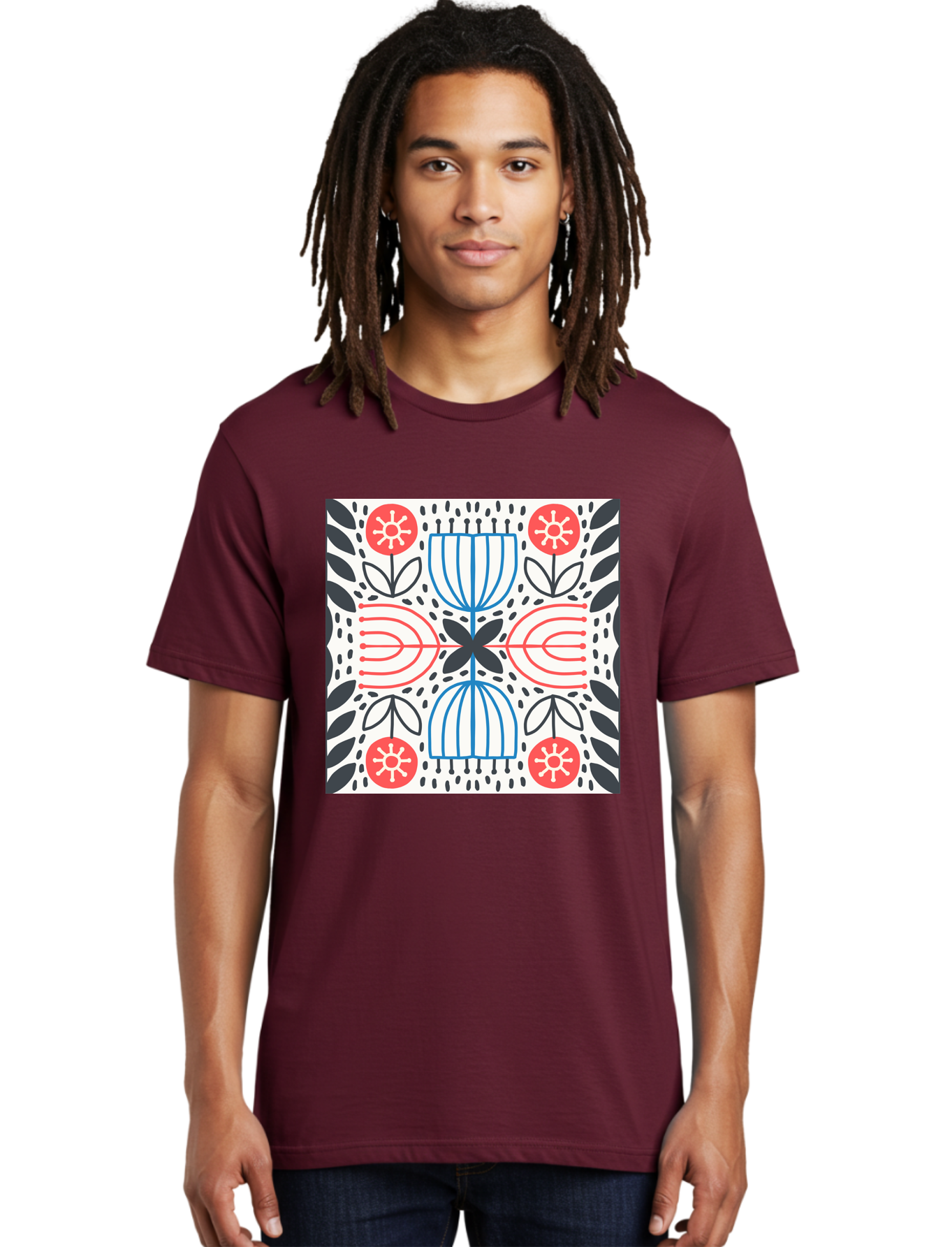 Geometric-Floral-Pattern Men'S Graphic Tee, 100% Cotton, Comfortable Casual Summer Wear, Machine Washable, Symmetrical Pattern, Floral Art, Abstract Design, Red And Blue Flowers, Black Leaves, Creative Symmetry, Geometric Shapes, Aab747