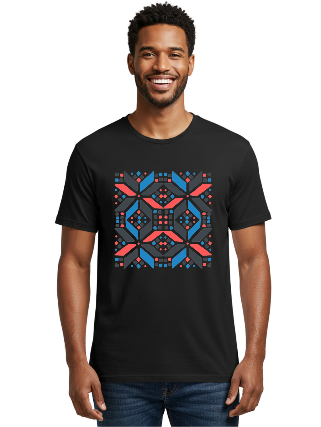 Geometric-Pattern-2 Men'S Graphic Tee, 100% Cotton, Comfortable Casual Summer Wear, Machine Washable, Geometric Shapes, Vibrant Geometric Pattern, Abstract Art, Colorful Design, Modern Aesthetic, Symmetrical Pattern, Bold Colors, Aab750