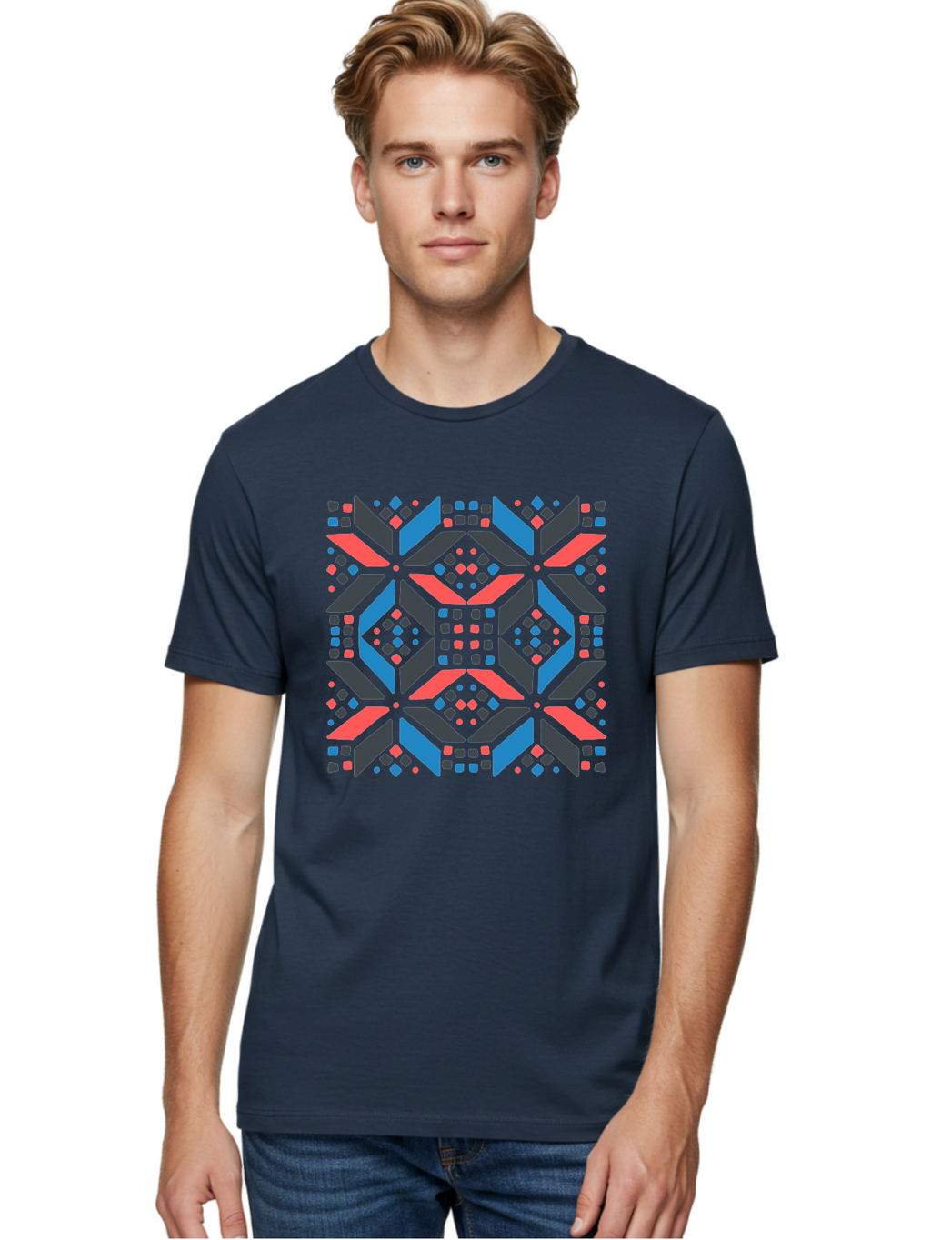 Geometric-Pattern-2 Men'S Graphic Tee, 100% Cotton, Comfortable Casual Summer Wear, Machine Washable, Geometric Shapes, Vibrant Geometric Pattern, Abstract Art, Colorful Design, Modern Aesthetic, Symmetrical Pattern, Bold Colors, Aab750