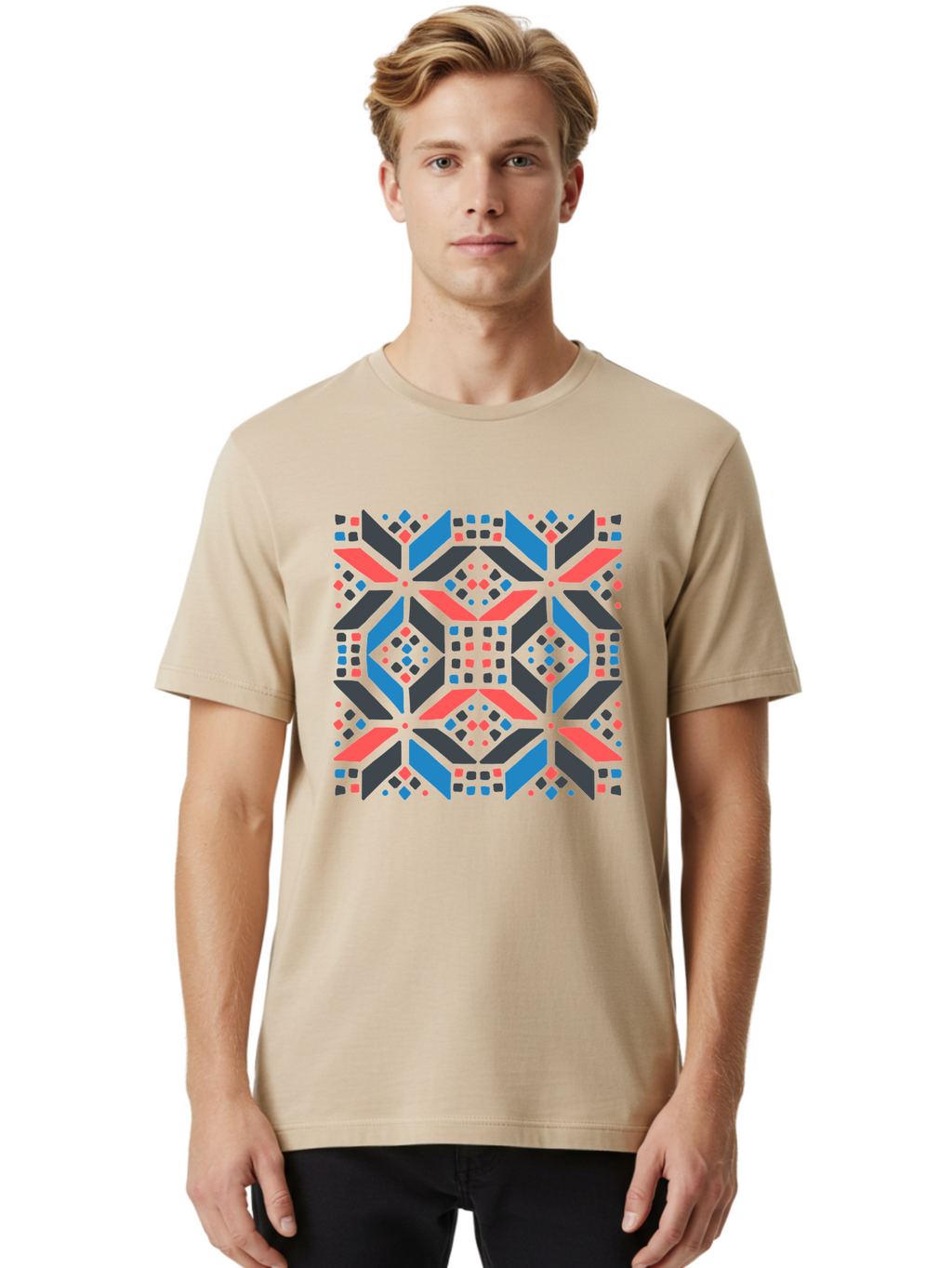 Geometric-Pattern-2 Men'S Graphic Tee, 100% Cotton, Comfortable Casual Summer Wear, Machine Washable, Geometric Shapes, Vibrant Geometric Pattern, Abstract Art, Colorful Design, Modern Aesthetic, Symmetrical Pattern, Bold Colors, Aab750