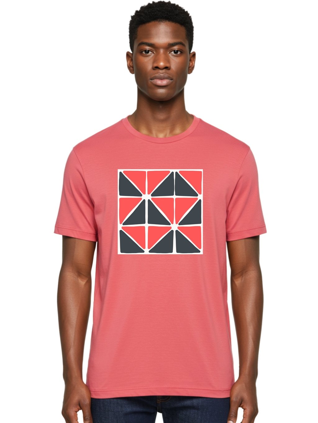 Geometric-Pattern-3 Men'S Graphic Tee, 100% Cotton, Comfortable Casual Summer Wear, Machine Washable, Geometric Pattern, Red And Black Triangles, Abstract Design, Symmetrical Shapes, Modern Art, Minimalist Style, Bold Colors, Aab751