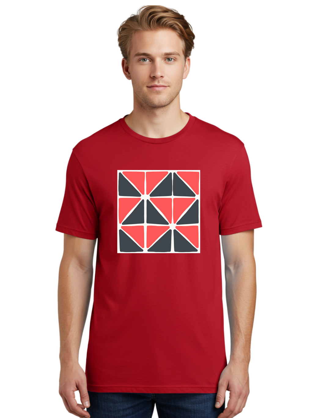 Geometric-Pattern-3 Men'S Graphic Tee, 100% Cotton, Comfortable Casual Summer Wear, Machine Washable, Geometric Pattern, Red And Black Triangles, Abstract Design, Symmetrical Shapes, Modern Art, Minimalist Style, Bold Colors, Aab751