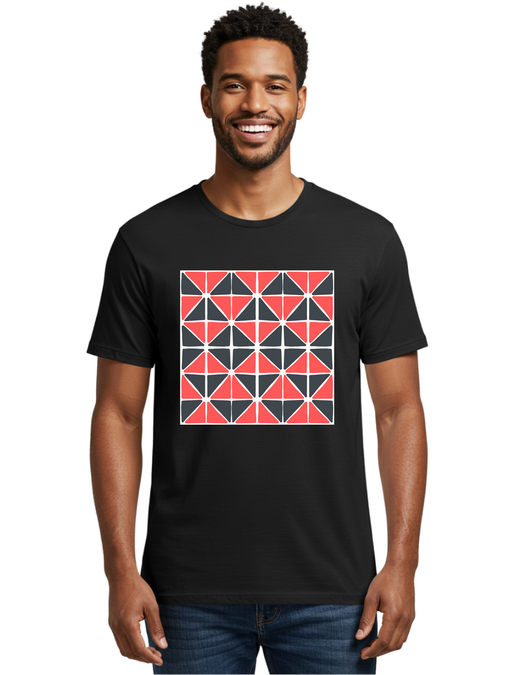 Geometric-Pattern Men'S Graphic Tee, 100% Cotton, Comfortable Casual Summer Wear, Machine Washable, Geometric Pattern, Red And Black Triangles, Abstract Design, Modern Art, Seamless Pattern, Graphic Design, Symmetrical Shapes, Aab752
