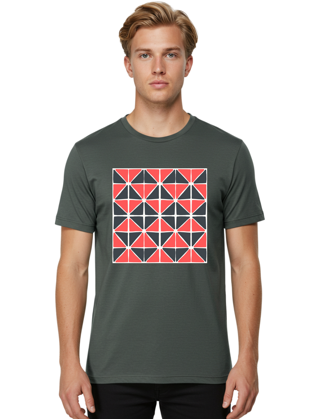 Geometric-Pattern Men'S Graphic Tee, 100% Cotton, Comfortable Casual Summer Wear, Machine Washable, Geometric Pattern, Red And Black Triangles, Abstract Design, Modern Art, Seamless Pattern, Graphic Design, Symmetrical Shapes, Aab752