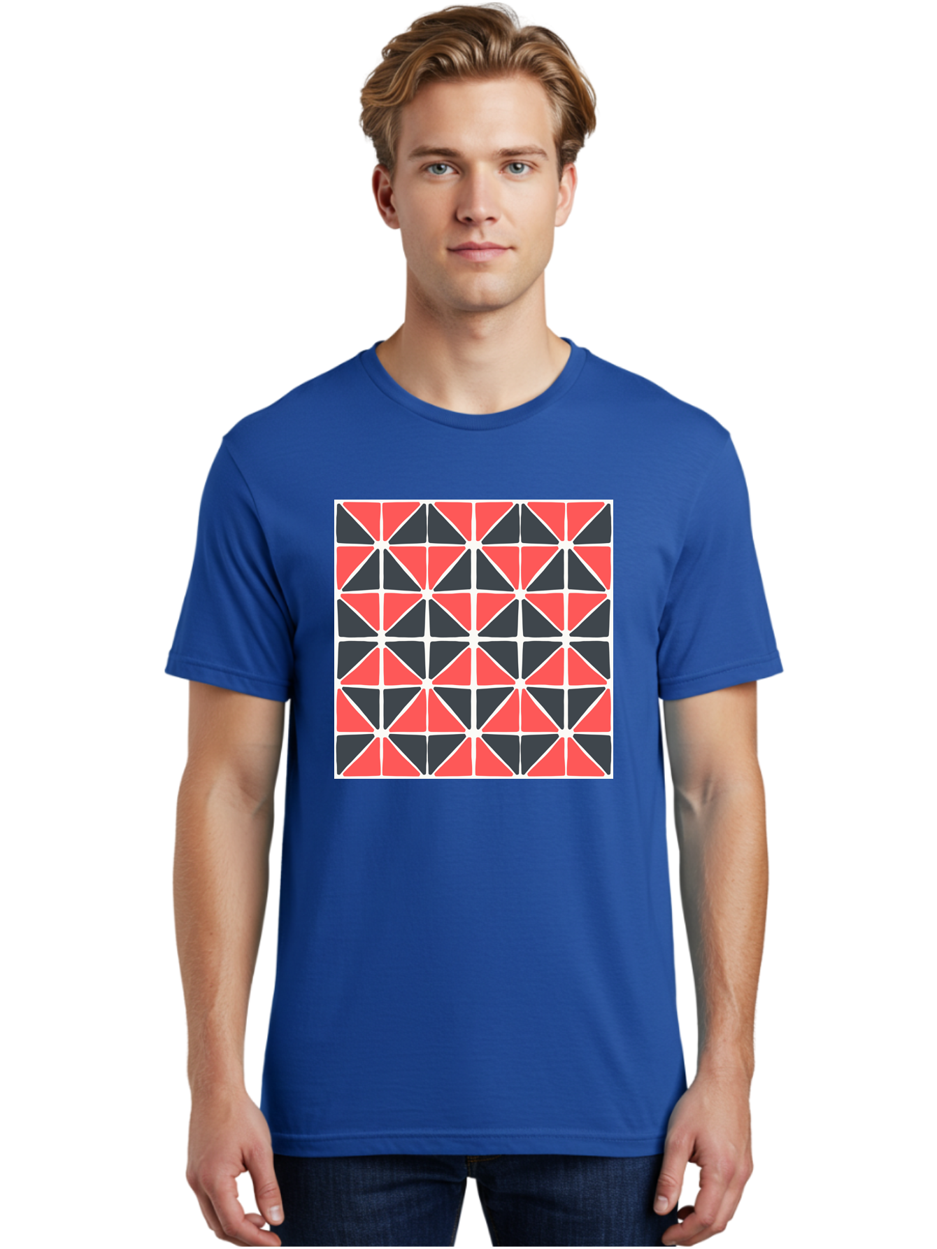 Geometric-Pattern Men'S Graphic Tee, 100% Cotton, Comfortable Casual Summer Wear, Machine Washable, Geometric Pattern, Red And Black Triangles, Abstract Design, Modern Art, Seamless Pattern, Graphic Design, Symmetrical Shapes, Aab752