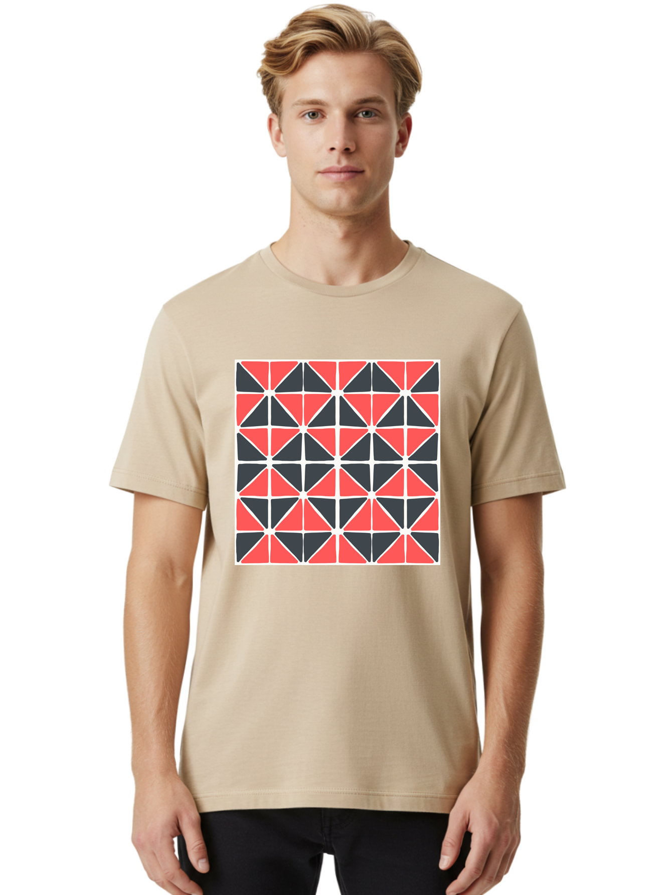 Geometric-Pattern Men'S Graphic Tee, 100% Cotton, Comfortable Casual Summer Wear, Machine Washable, Geometric Pattern, Red And Black Triangles, Abstract Design, Modern Art, Seamless Pattern, Graphic Design, Symmetrical Shapes, Aab752