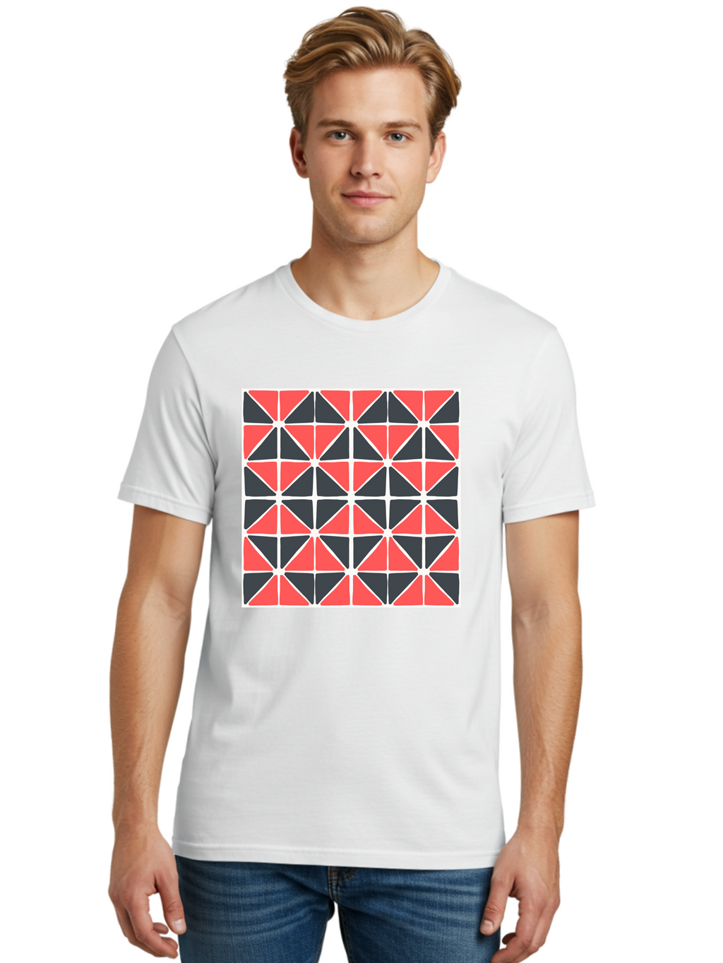 Geometric-Pattern Men'S Graphic Tee, 100% Cotton, Comfortable Casual Summer Wear, Machine Washable, Geometric Pattern, Red And Black Triangles, Abstract Design, Modern Art, Seamless Pattern, Graphic Design, Symmetrical Shapes, Aab752