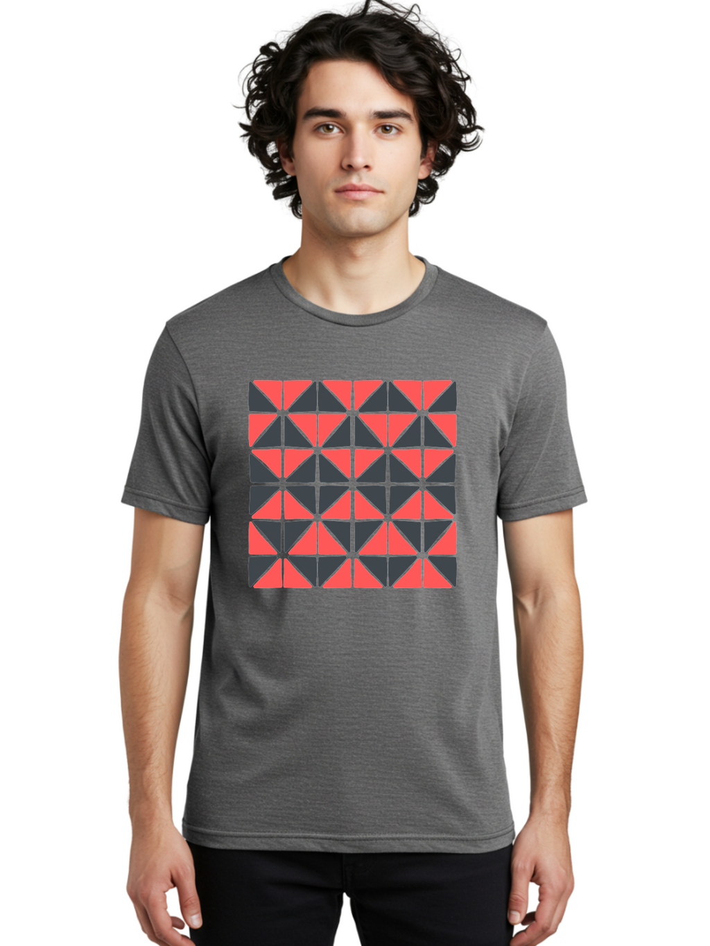 Geometric-Triangles Men'S Graphic Tee, 100% Cotton, Comfortable Casual Summer Wear, Machine Washable, Repeating Pattern Of Triangles, Geometric Shapes, Symmetrical Design, Black And Red Triangles, Abstract Art, Modern Graphic Design, Aab753