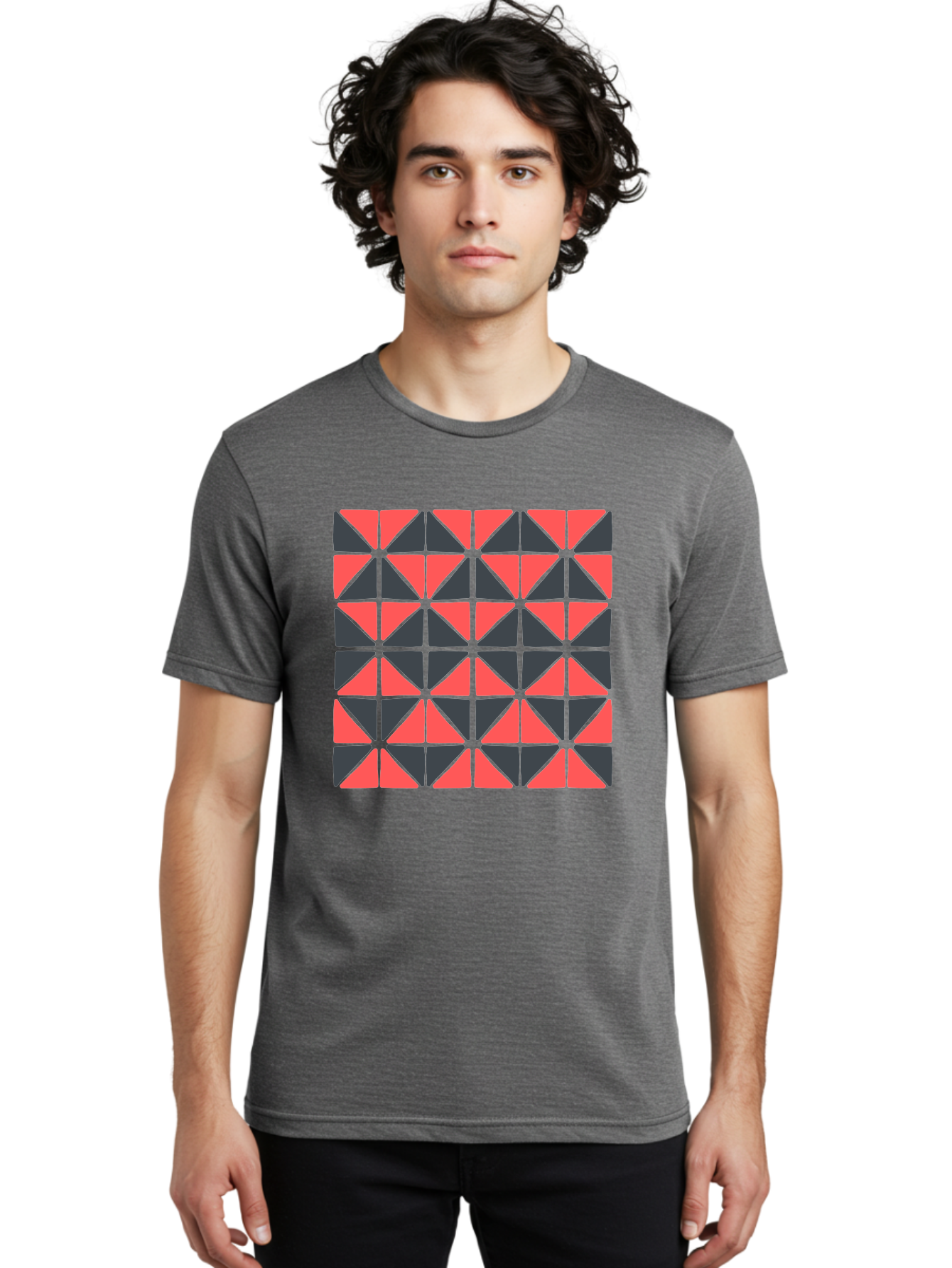 Geometric-Triangles Men'S Graphic Tee, 100% Cotton, Comfortable Casual Summer Wear, Machine Washable, Repeating Pattern Of Triangles, Geometric Shapes, Symmetrical Design, Black And Red Triangles, Abstract Art, Modern Graphic Design, Aab753