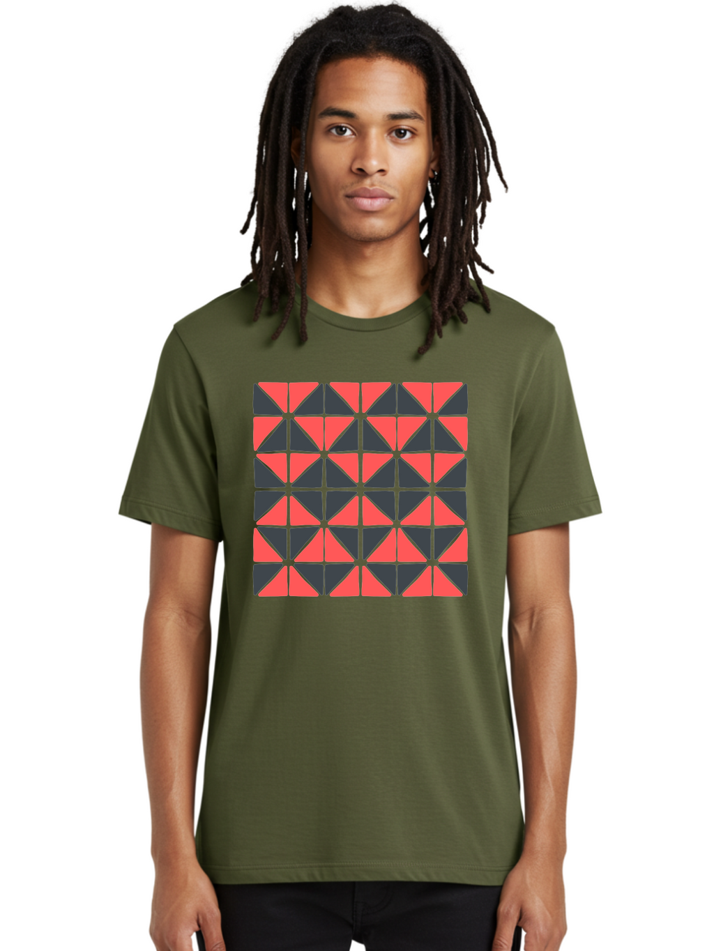 Geometric-Triangles Men'S Graphic Tee, 100% Cotton, Comfortable Casual Summer Wear, Machine Washable, Repeating Pattern Of Triangles, Geometric Shapes, Symmetrical Design, Black And Red Triangles, Abstract Art, Modern Graphic Design, Aab753