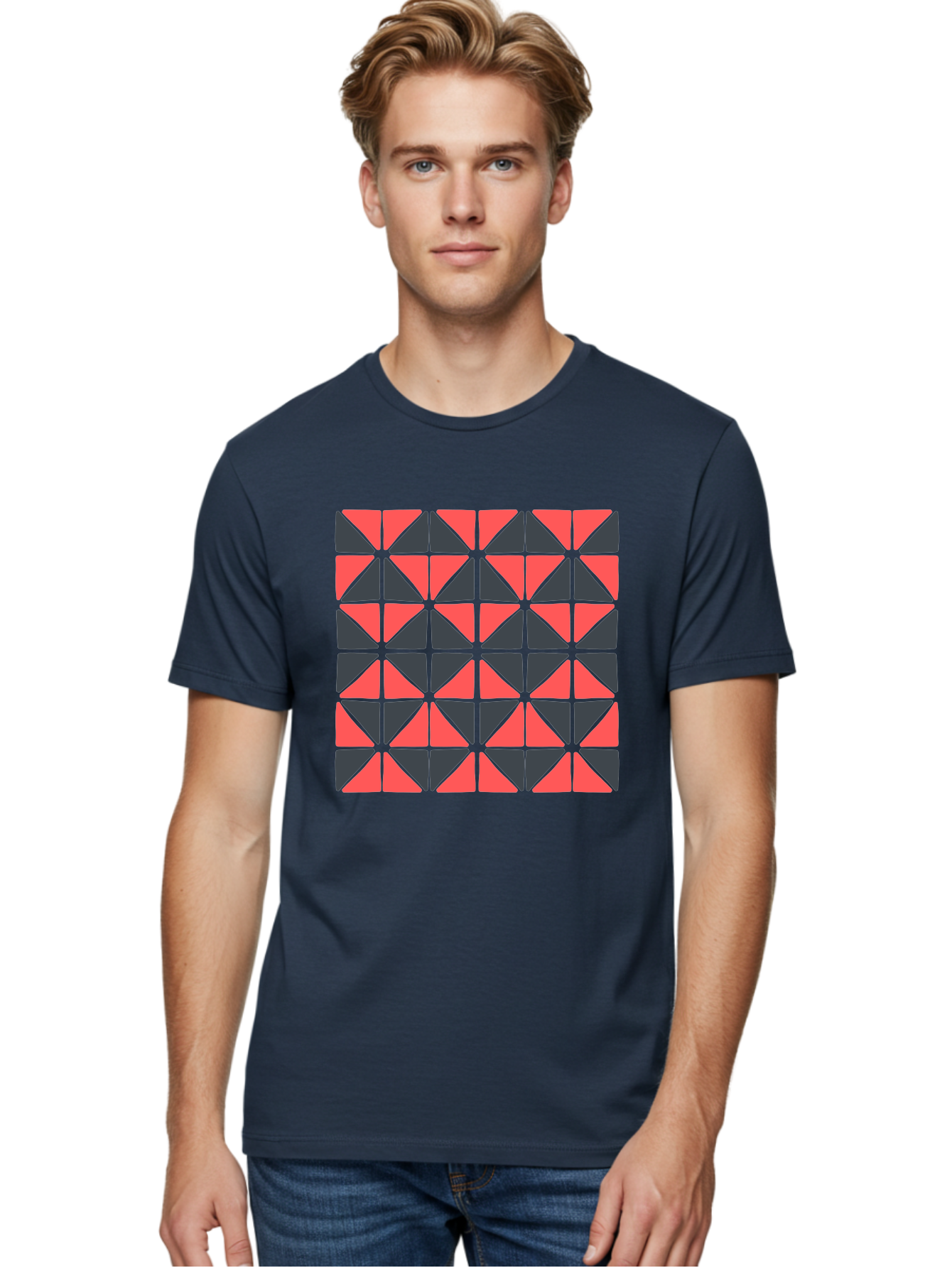 Geometric-Triangles Men'S Graphic Tee, 100% Cotton, Comfortable Casual Summer Wear, Machine Washable, Repeating Pattern Of Triangles, Geometric Shapes, Symmetrical Design, Black And Red Triangles, Abstract Art, Modern Graphic Design, Aab753
