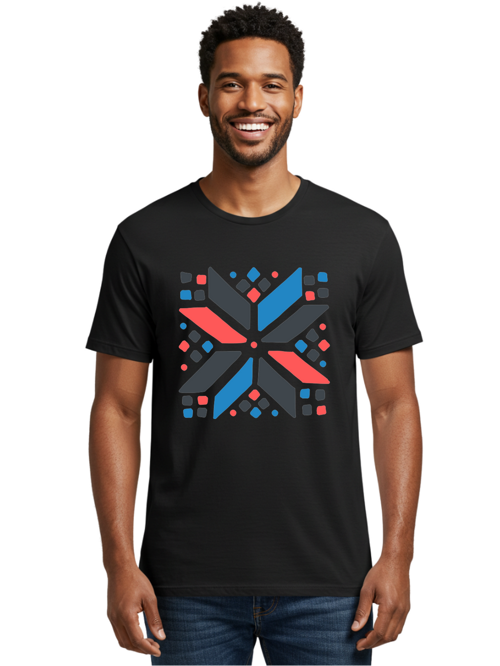 Kaleidoscope-Pattern-1 Men'S Graphic Tee, 100% Cotton, Comfortable Casual Summer Wear, Machine Washable, Symmetrical Shapes, Geometric Pattern, Abstract Design, Colorful Elements, Modern Art, Artistic Expression, Vibrant Colors, Bold Design, Aab757