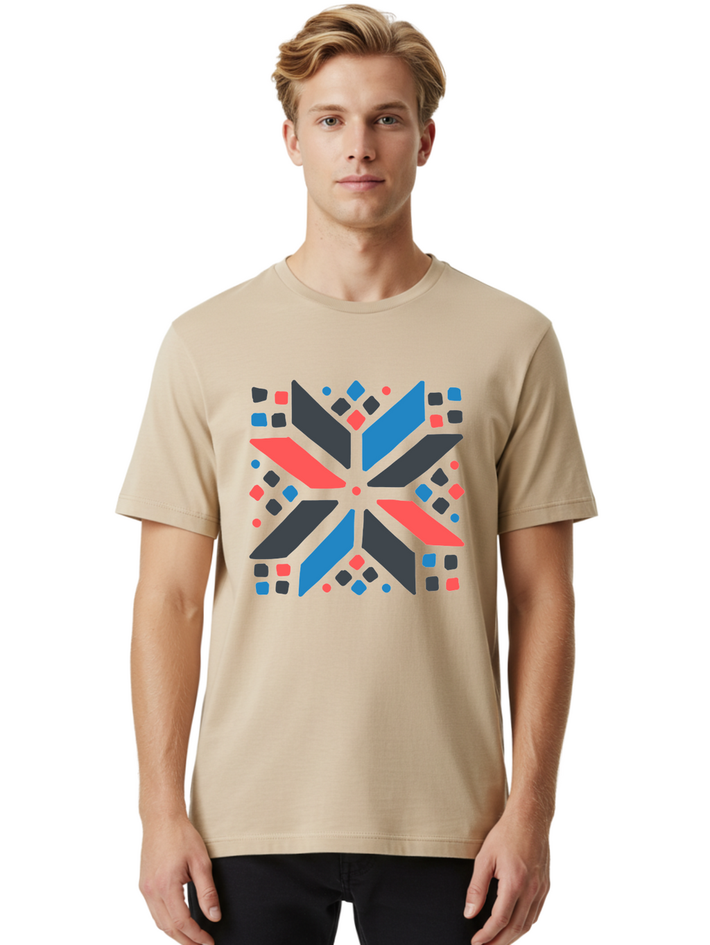 Kaleidoscope-Pattern-1 Men'S Graphic Tee, 100% Cotton, Comfortable Casual Summer Wear, Machine Washable, Symmetrical Shapes, Geometric Pattern, Abstract Design, Colorful Elements, Modern Art, Artistic Expression, Vibrant Colors, Bold Design, Aab757