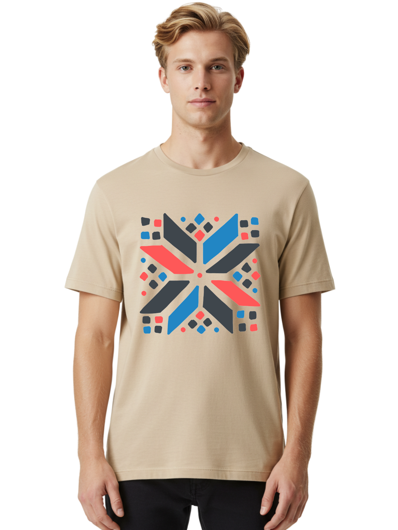 Kaleidoscope-Pattern-1 Men'S Graphic Tee, 100% Cotton, Comfortable Casual Summer Wear, Machine Washable, Symmetrical Shapes, Geometric Pattern, Abstract Design, Colorful Elements, Modern Art, Artistic Expression, Vibrant Colors, Bold Design, Aab757