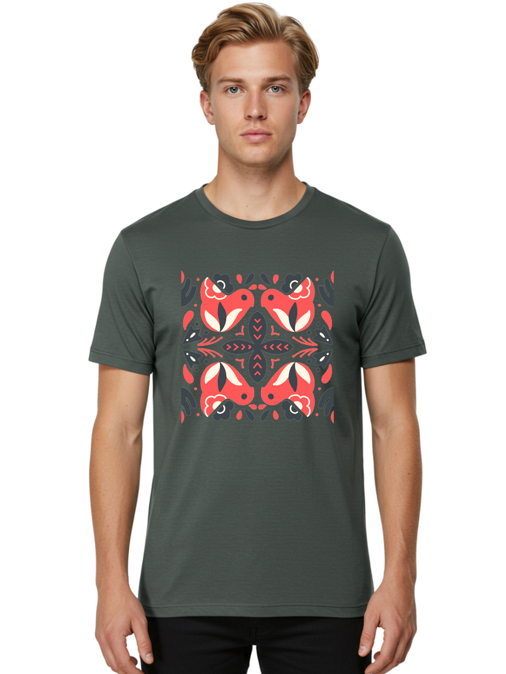 Kaleidoscope-Pattern Men'S Graphic Tee, 100% Cotton, Comfortable Casual Summer Wear, Machine Washable, Symmetrical Pattern, Floral Design, Abstract Shapes, Vibrant Colors, Bold Graphics, Modern Art, Red And White Flowers, Black Accents, Aab758