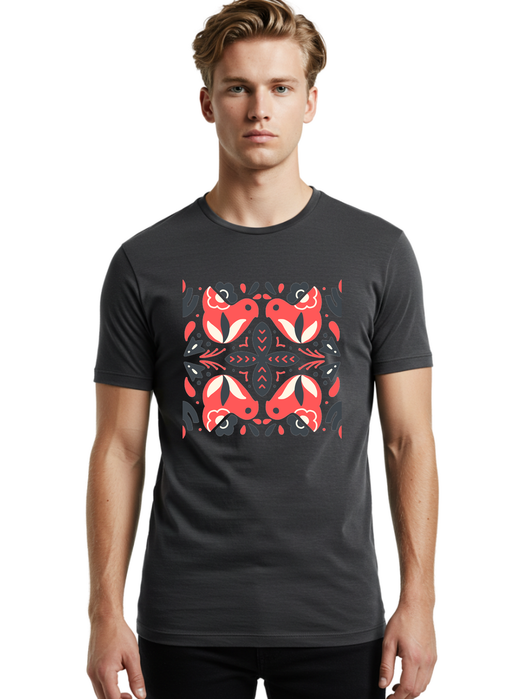 Kaleidoscope-Pattern Men'S Graphic Tee, 100% Cotton, Comfortable Casual Summer Wear, Machine Washable, Symmetrical Pattern, Floral Design, Abstract Shapes, Vibrant Colors, Bold Graphics, Modern Art, Red And White Flowers, Black Accents, Aab758